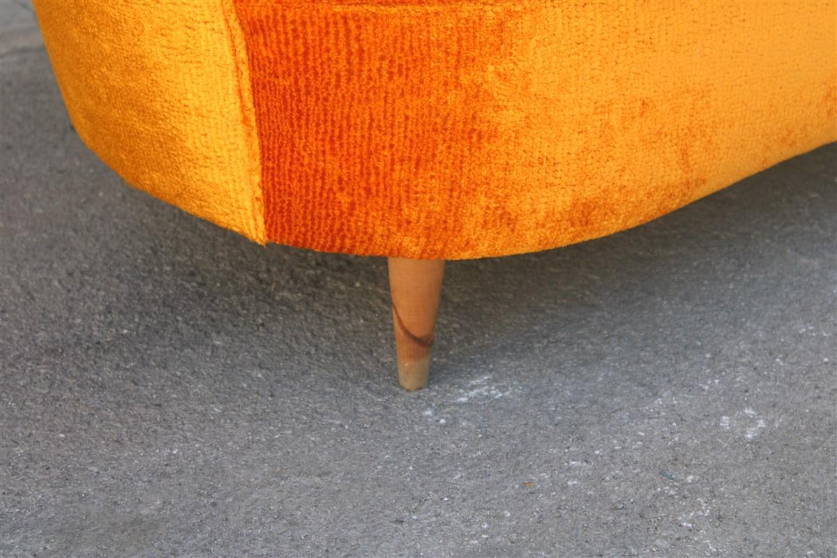 Mid-Century Orange Velvet Curved Sofa Made in Italy 1950s Wood Feet For Sale 1