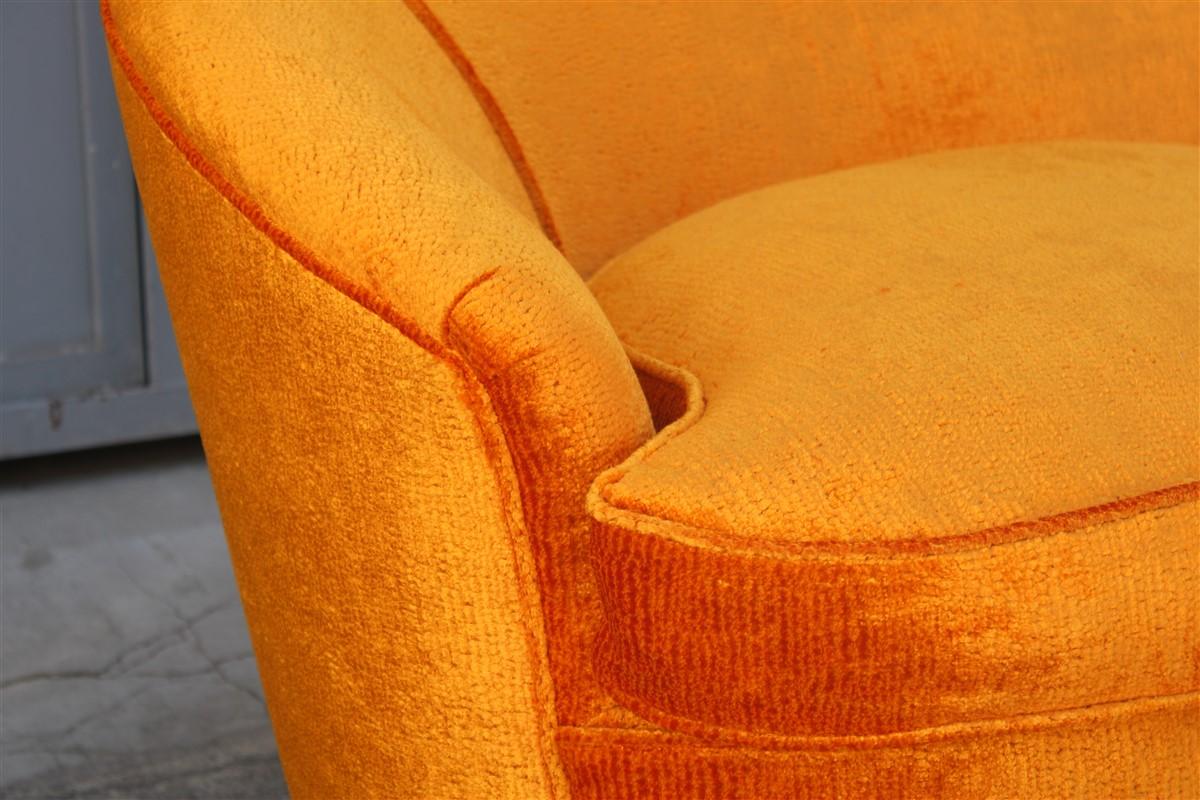 Mid-Century Orange Velvet Curved Sofa Made in Italy 1950s Wood Feet For Sale 2