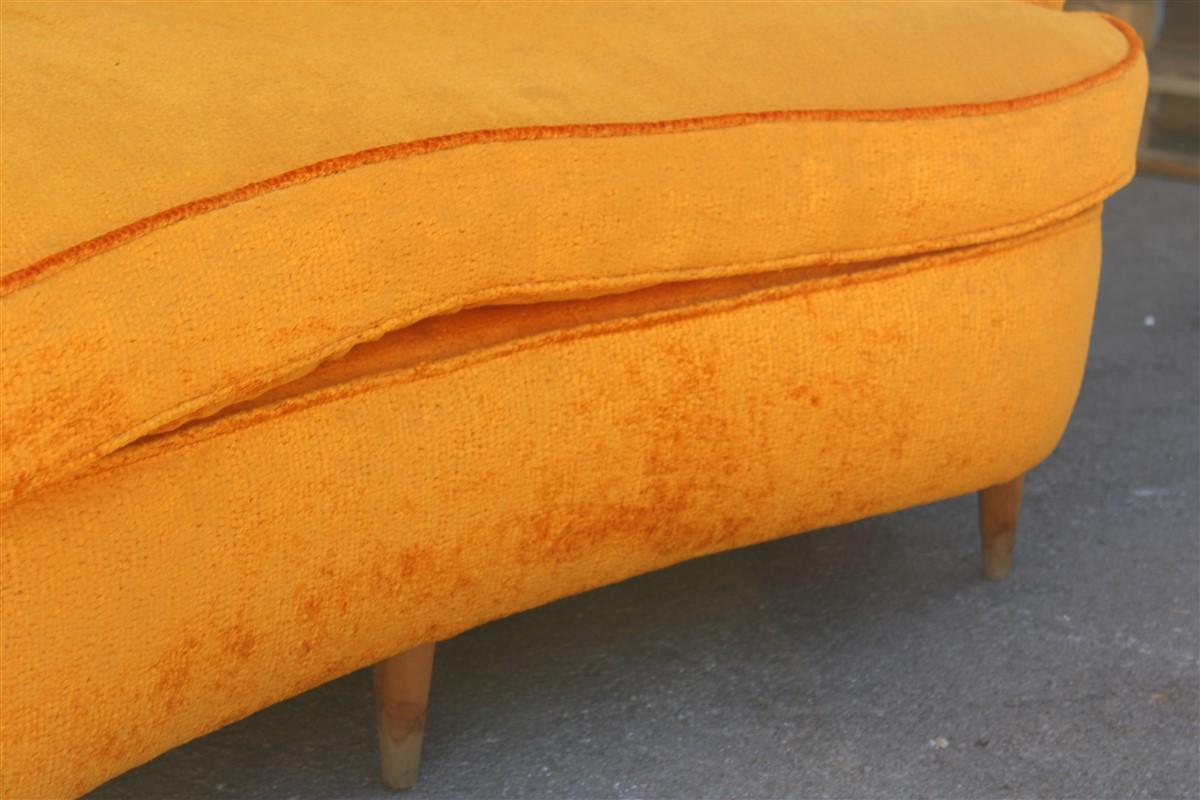 Mid-Century Orange Velvet Curved Sofa Made in Italy 1950s Wood Feet For Sale 3