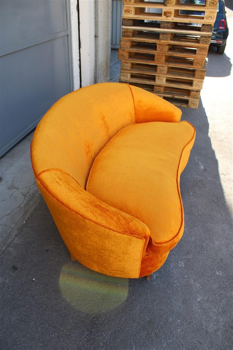 Mid-Century Orange Velvet Curved Sofa Made in Italy 1950s Wood Feet For Sale 5
