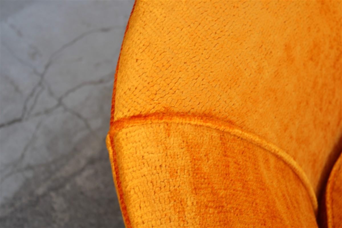 Mid-Century Orange Velvet Curved Sofa Made in Italy 1950s Wood Feet For Sale 6