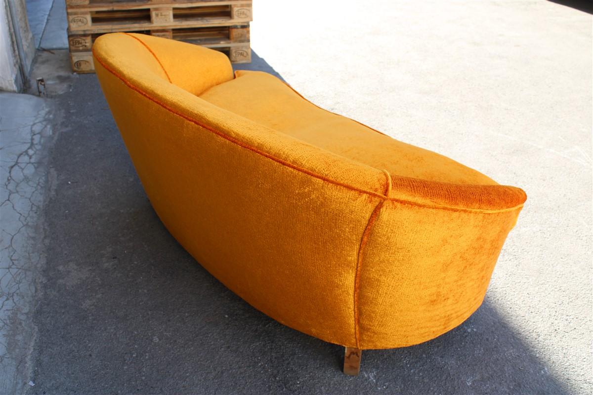 Mid-Century Orange Velvet Curved Sofa Made in Italy 1950s Wood Feet For Sale 8