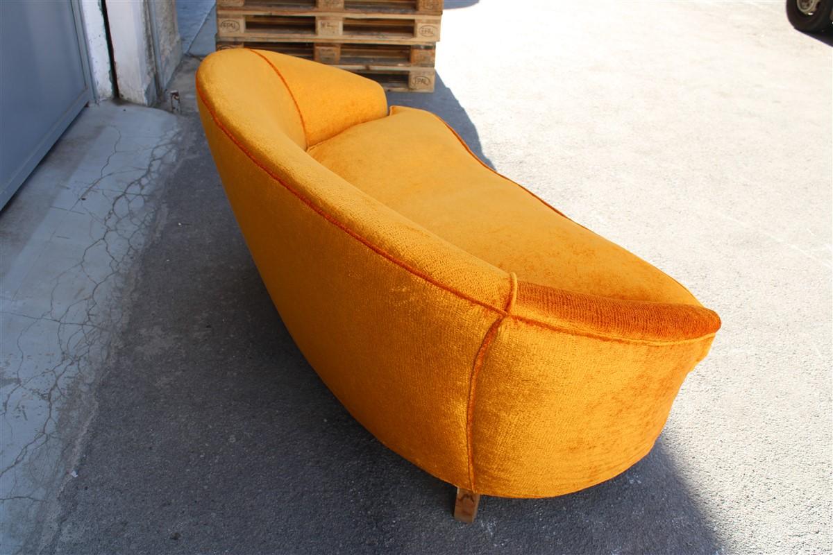 Mid-Century Orange Velvet Curved Sofa Made in Italy 1950s Wood Feet For Sale 9