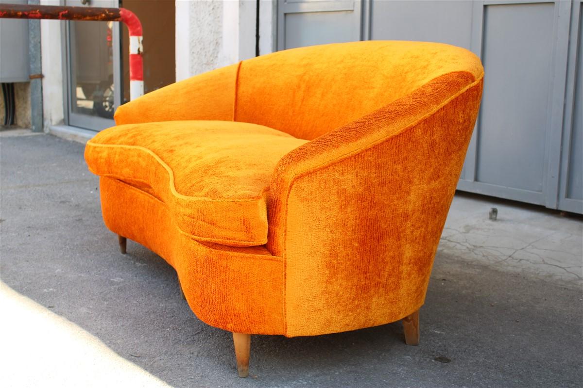 Mid-century orange velvet curved sofa made in Italy, 1950s