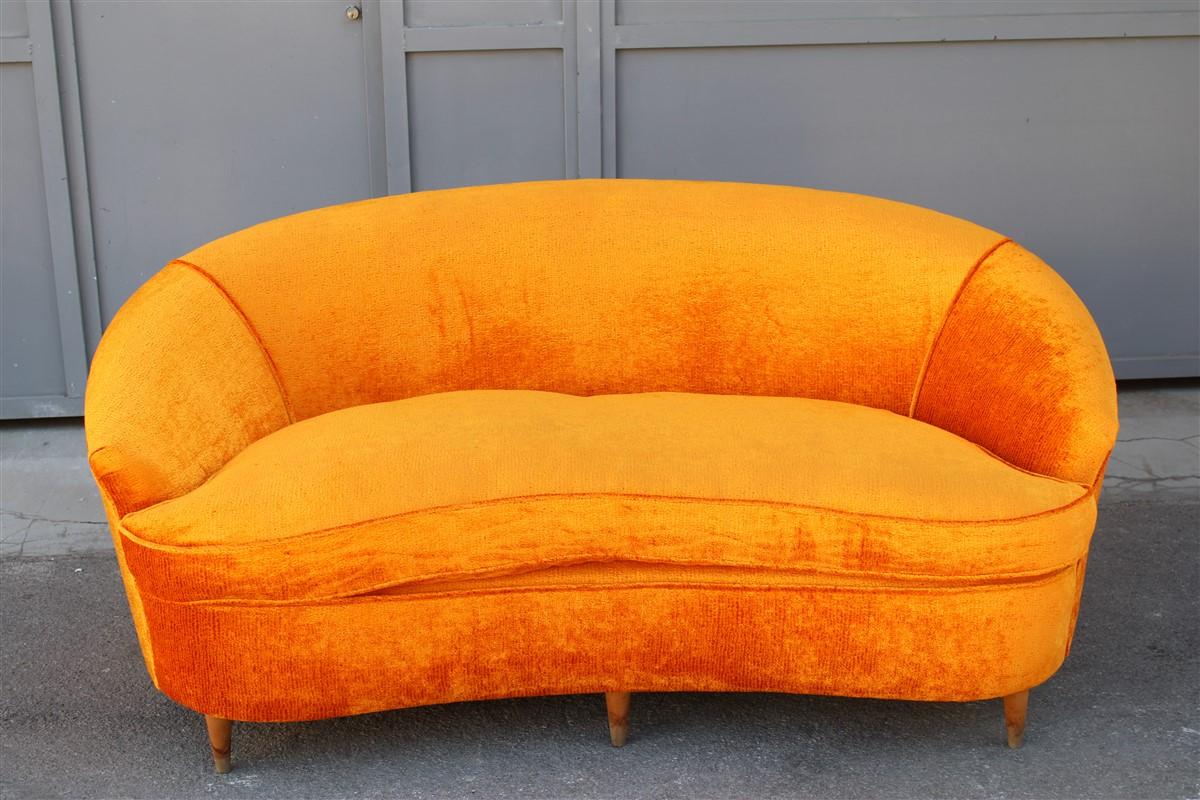 Italian Mid-Century Orange Velvet Curved Sofa Made in Italy 1950s Wood Feet For Sale