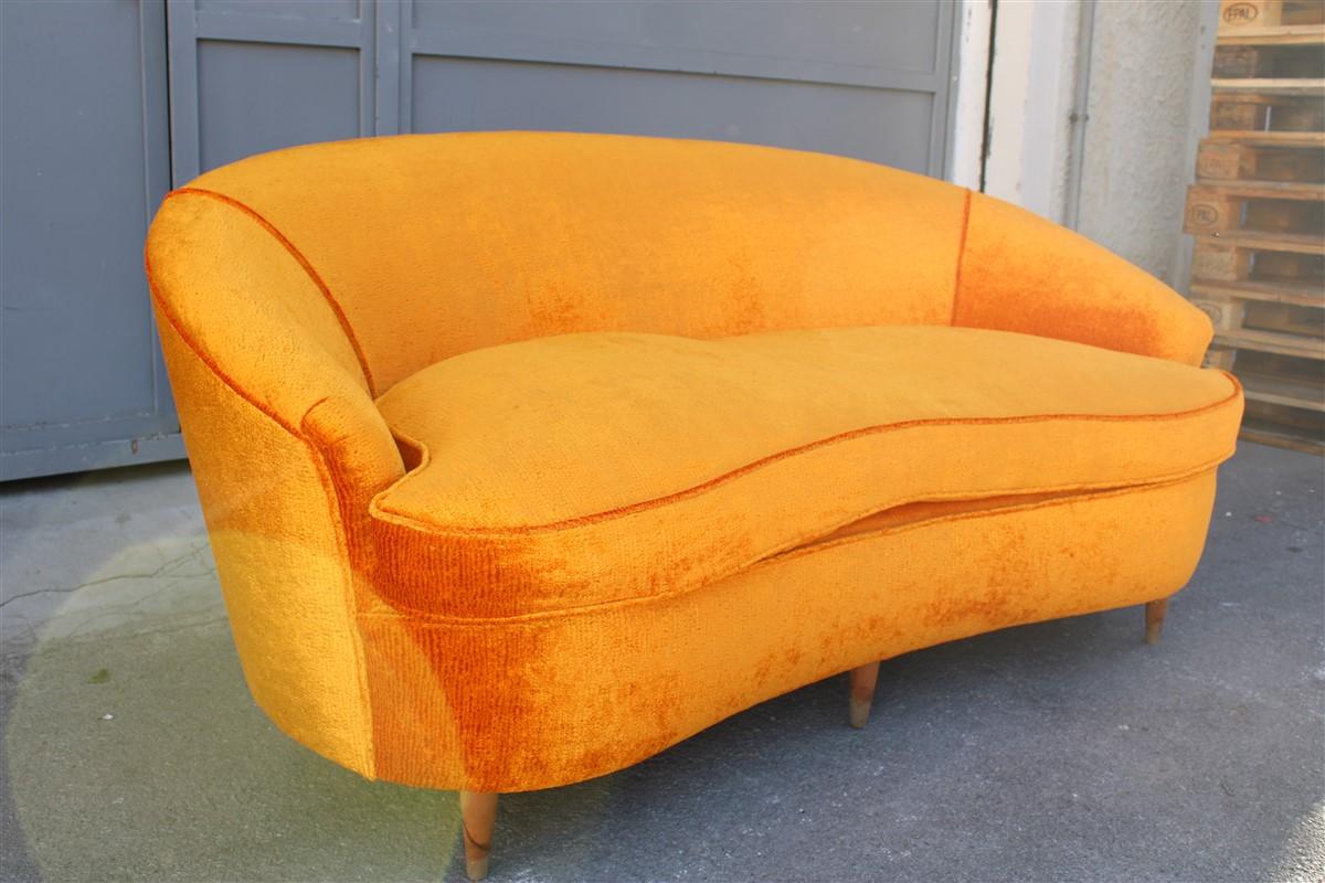 Mid-20th Century Mid-Century Orange Velvet Curved Sofa Made in Italy 1950s Wood Feet For Sale