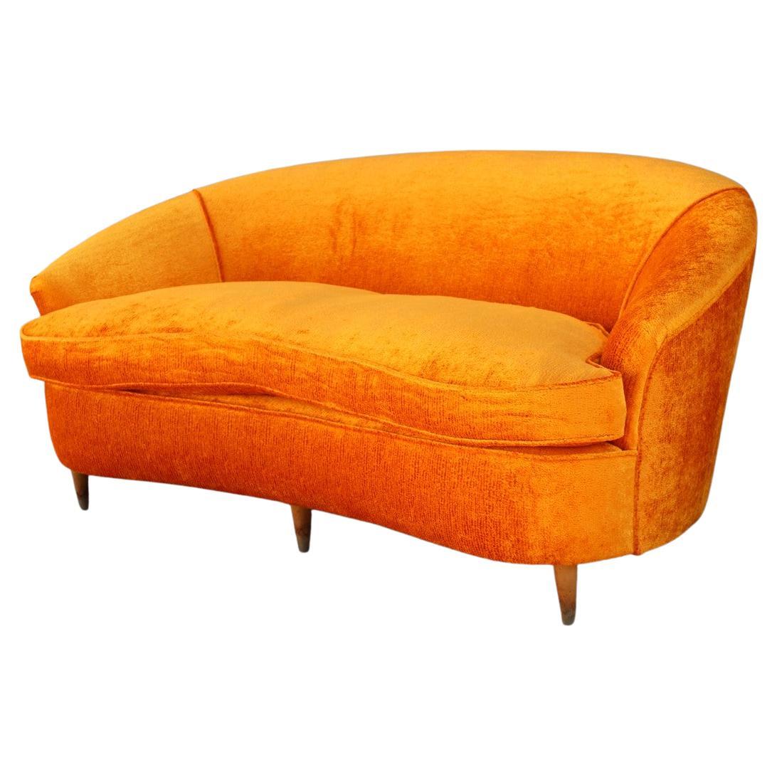 Mid-Century Orange Velvet Curved Sofa Made in Italy 1950s Wood Feet For Sale