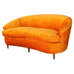 Vintage Mid-Century Orange Velvet Curved Sofa Made in Italy 1950s Wood Feet