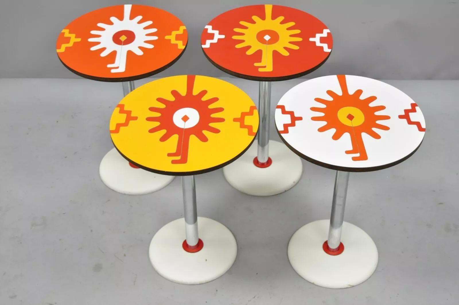 Vintage Mid Century Modern Orange, Yellow, White, Round Side Tables by R. Johnson - Set of 4. Listing includes (4) tables, colorful laminated tops, chrome column, wooden base, signed 