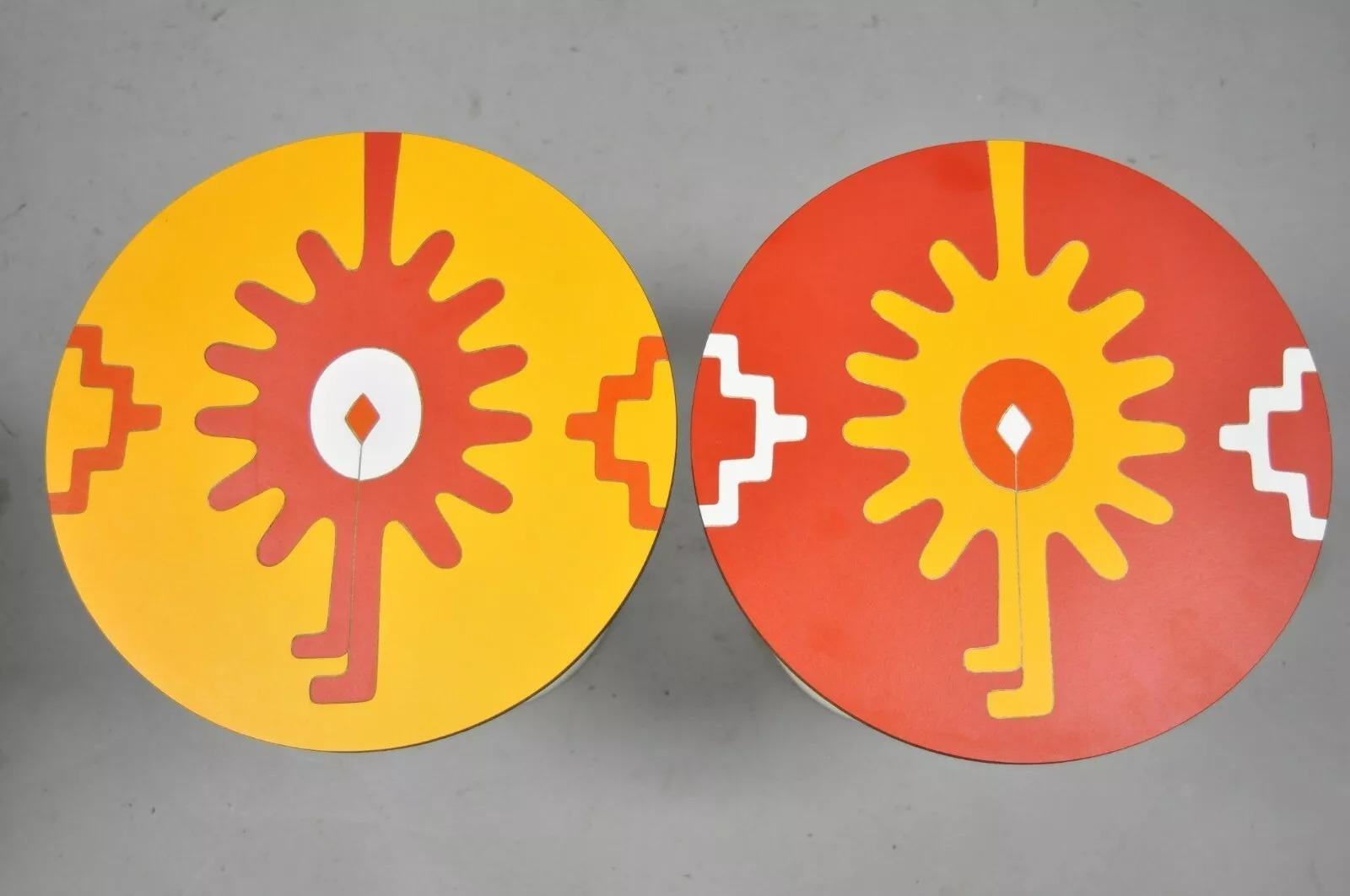 Unknown Mid Century Orange Yellow White Round Side Tables by R. Johnson - Set of 4 For Sale