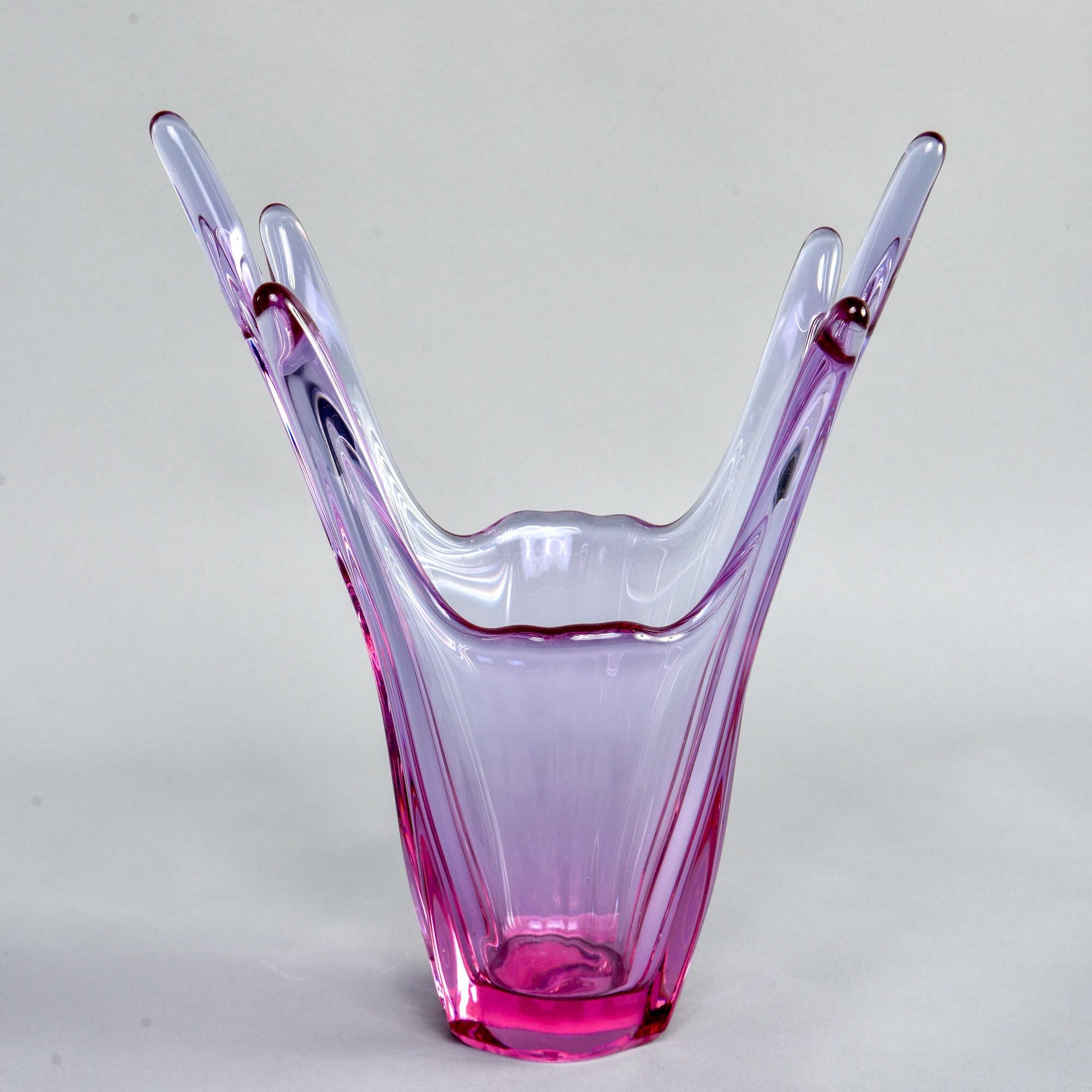 Art glass center piece attributed to Val St. Lambert of Belgium with tall, freeform sides in a stunning shade of orchid purple/pink, circa 1960s. No signature or maker’s mark found, but that's not unusual for pieces produced by Val St. Lambert at