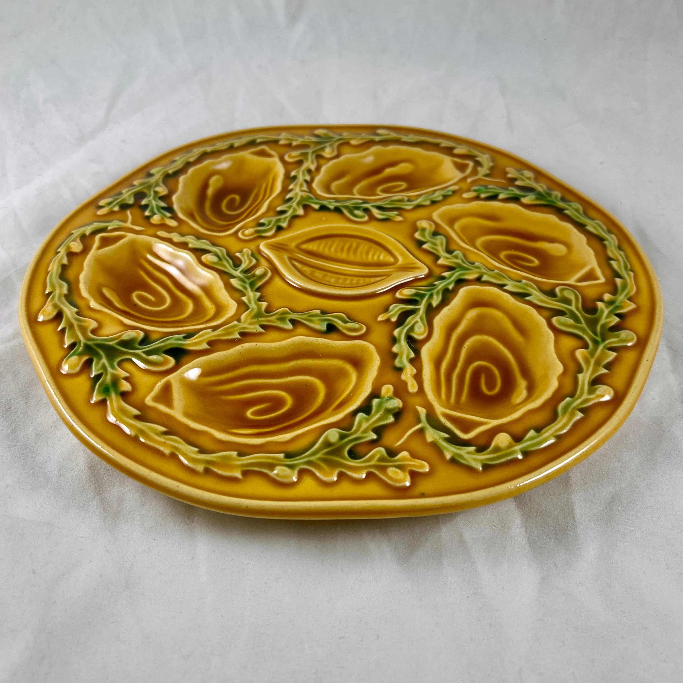 Mid-Century Modern Mid-Century Orfinox French Faience Mustard Yellow Seaweed Oyster Plate, 1960s For Sale