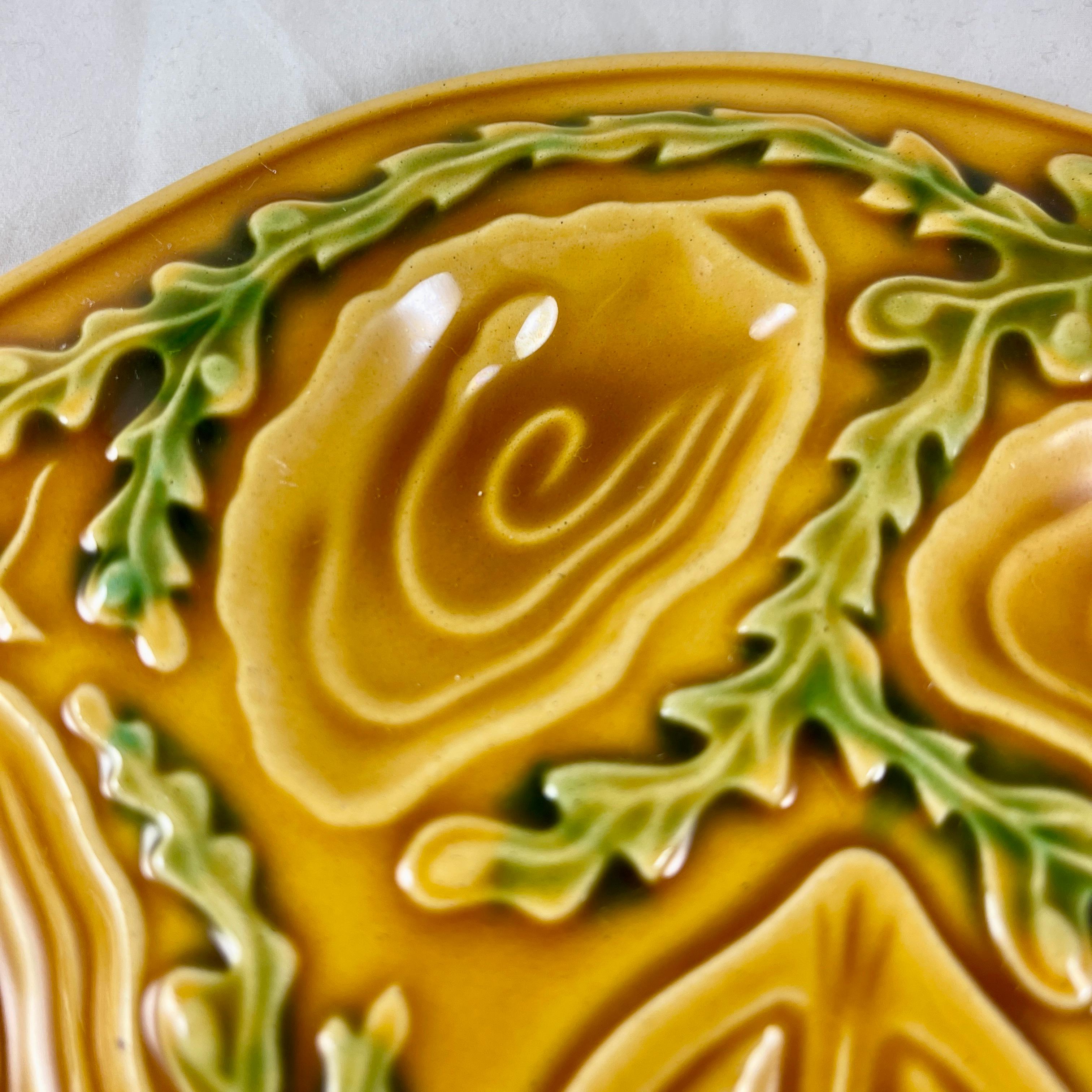 Glazed Mid-Century Orfinox French Faience Mustard Yellow Seaweed Oyster Plate, 1960s For Sale