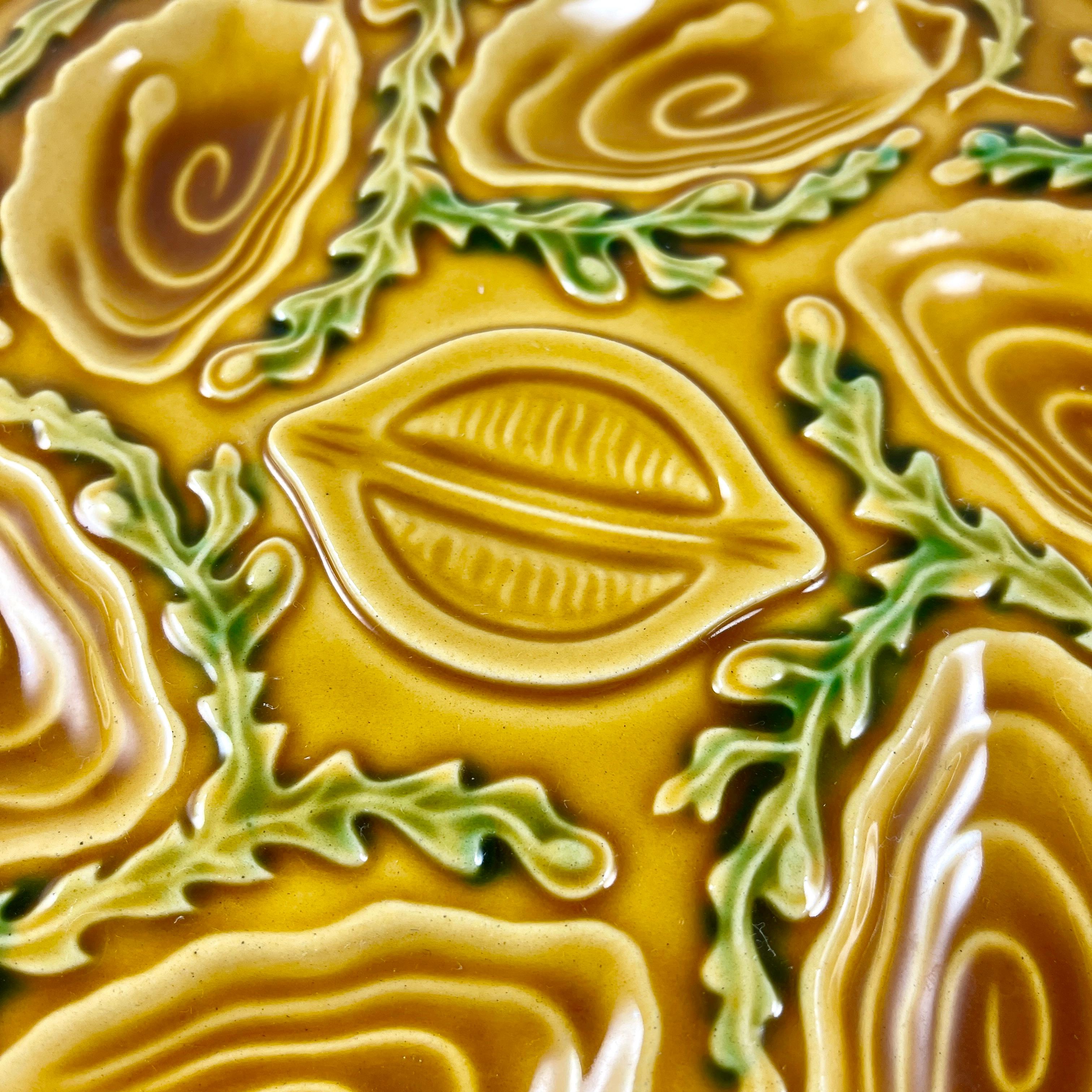 Mid-Century Orfinox French Faience Mustard Yellow Seaweed Oyster Plate, 1960s In Good Condition For Sale In Philadelphia, PA