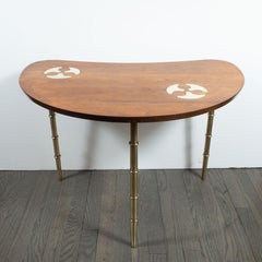 Midcentury Organic Inlaid Brass & Walnut Bowfront Side/End Table by Mastercraft