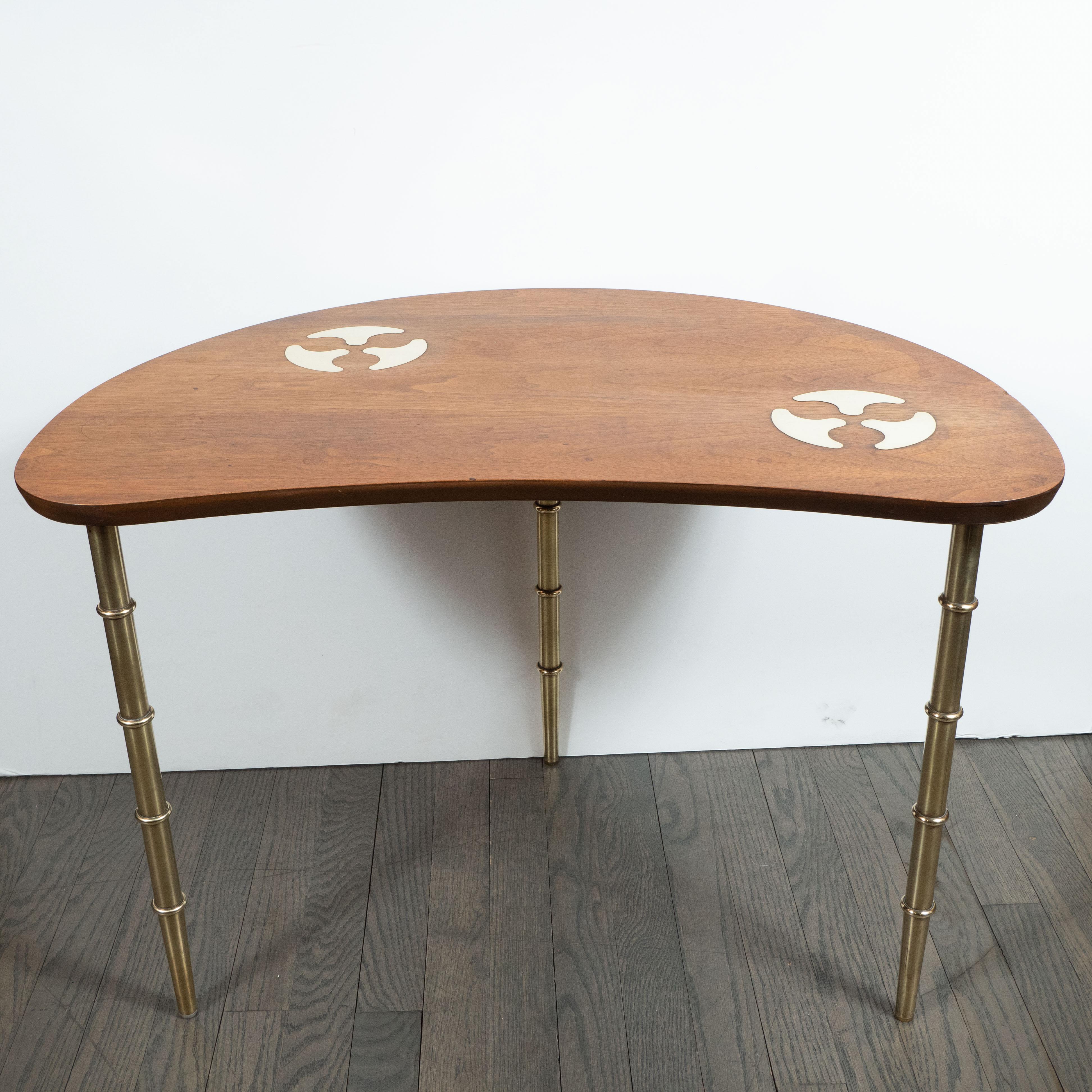 Midcentury Organic Inlaid Brass & Walnut Bowfront Side/End Table by Mastercraft For Sale 2