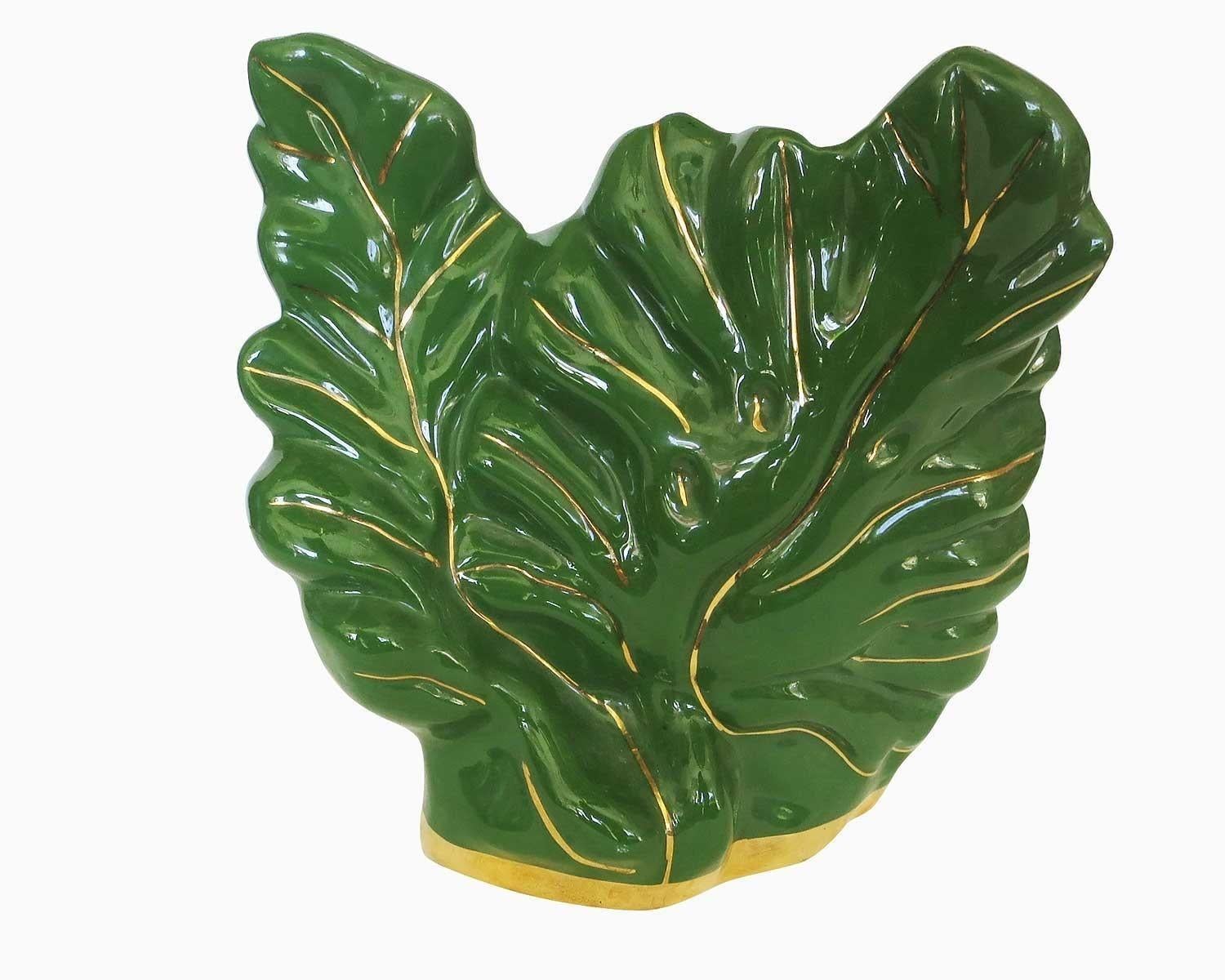 Mid-Century organic leaf esco-lite pottery TV lamp with green in a green glaze with gold accents.