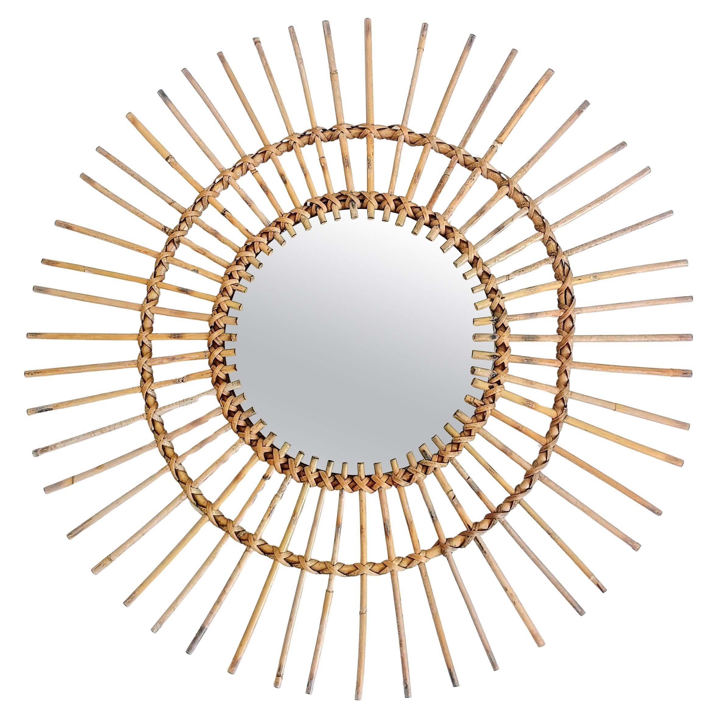 Mid Century Organic Modern Bamboo 
Rattan Sunburst Patinated Mirror, 1960s For Sale