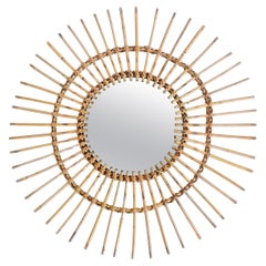 Mid Century Organic Modern Bamboo 
Rattan Sunburst Patinated Mirror, 1960s