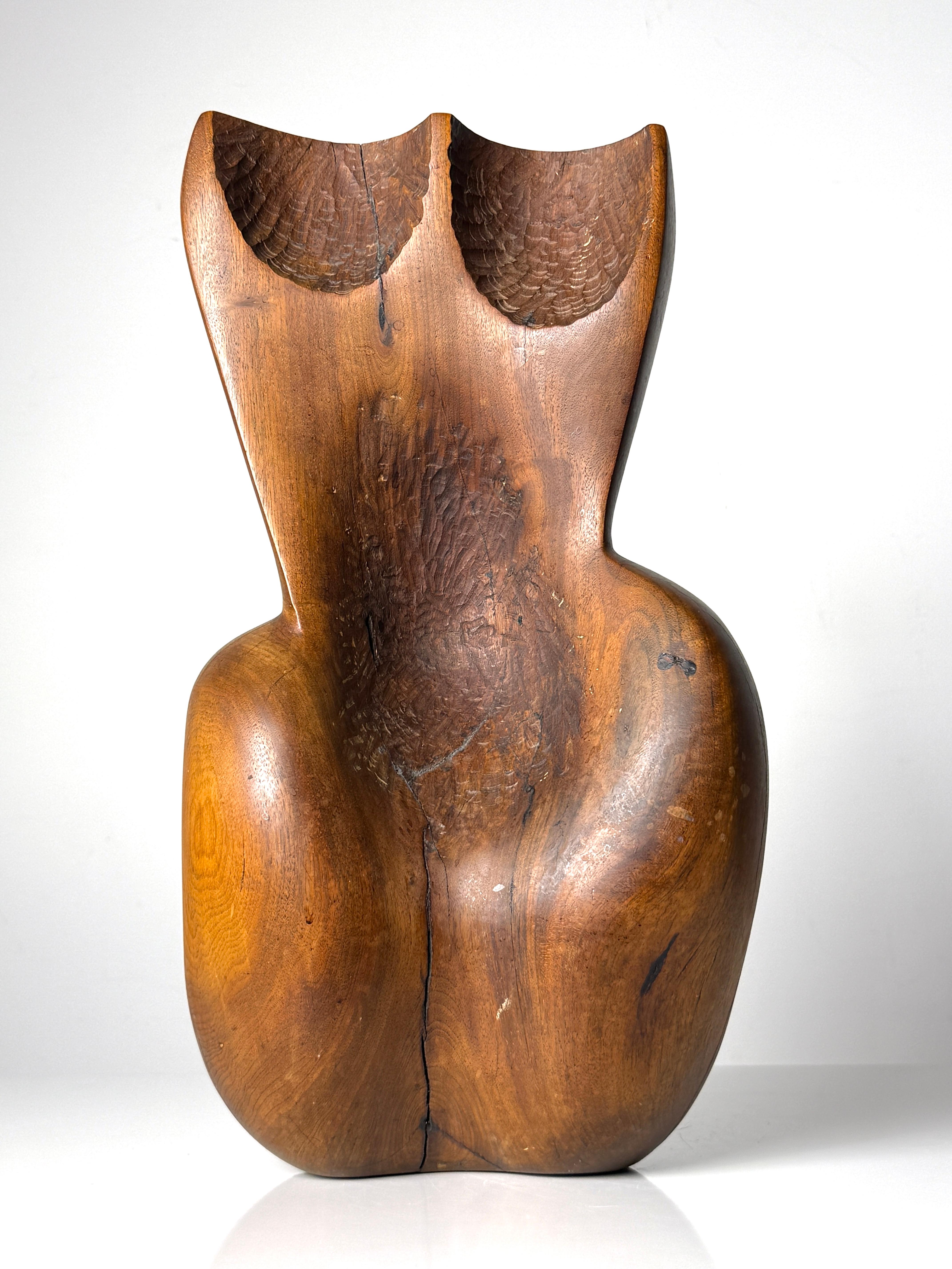 Abstracted torso sculpture by Grosse Pointe Michigan artist Johanna Diepenhorst circa 1960s

Female silhouette with inverted chiseled bust and concave mid section contrasts with a smooth contoured backside 
Artist's label to underside

19 inch