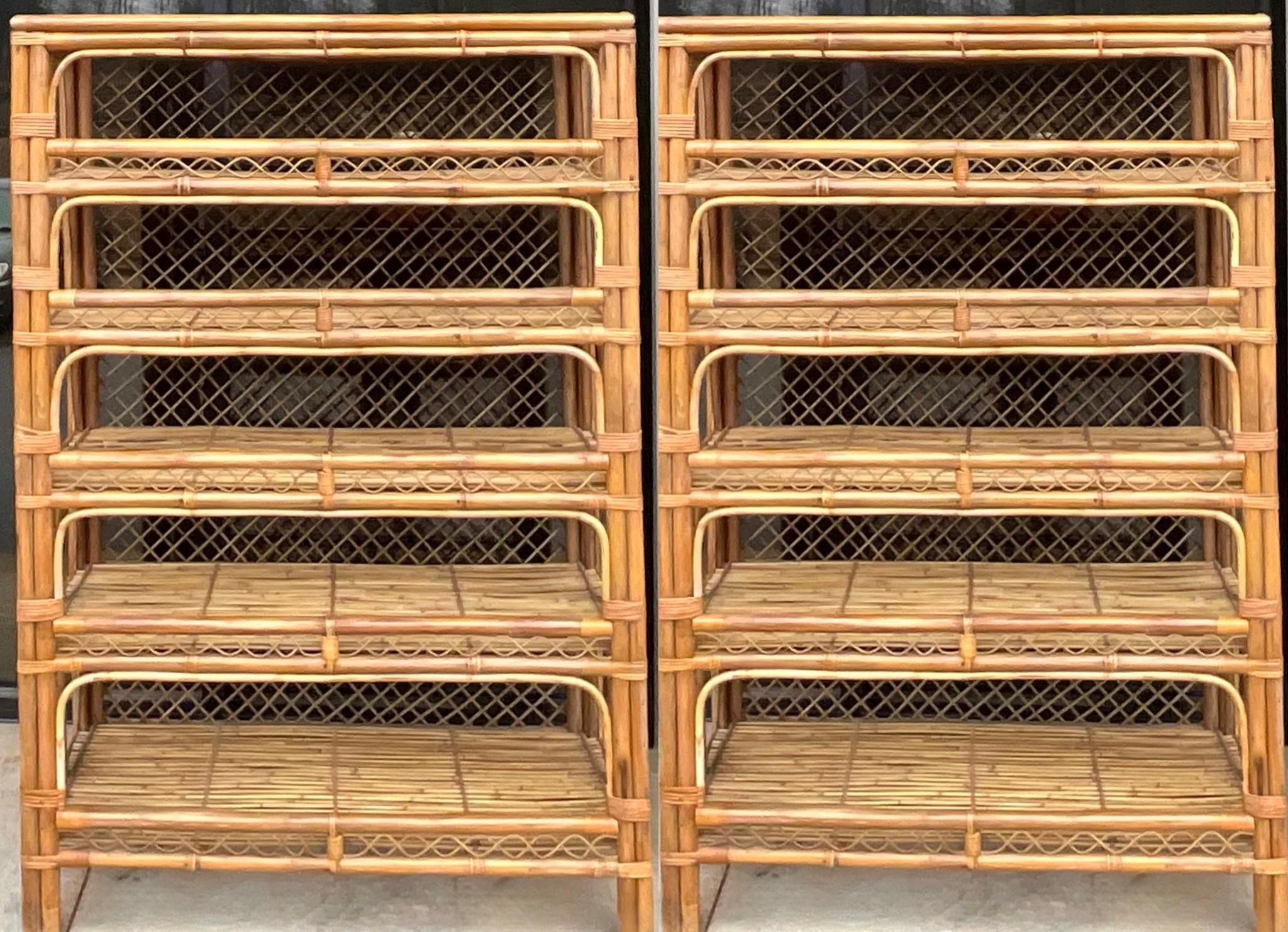 This is a pair of mid-century organic modern style bamboo shelving units.  Each unit has five shelves with approximately 9.75” between each shelf. Both shelves show the typical age wear synonymous with bamboo. They were manufactured in the