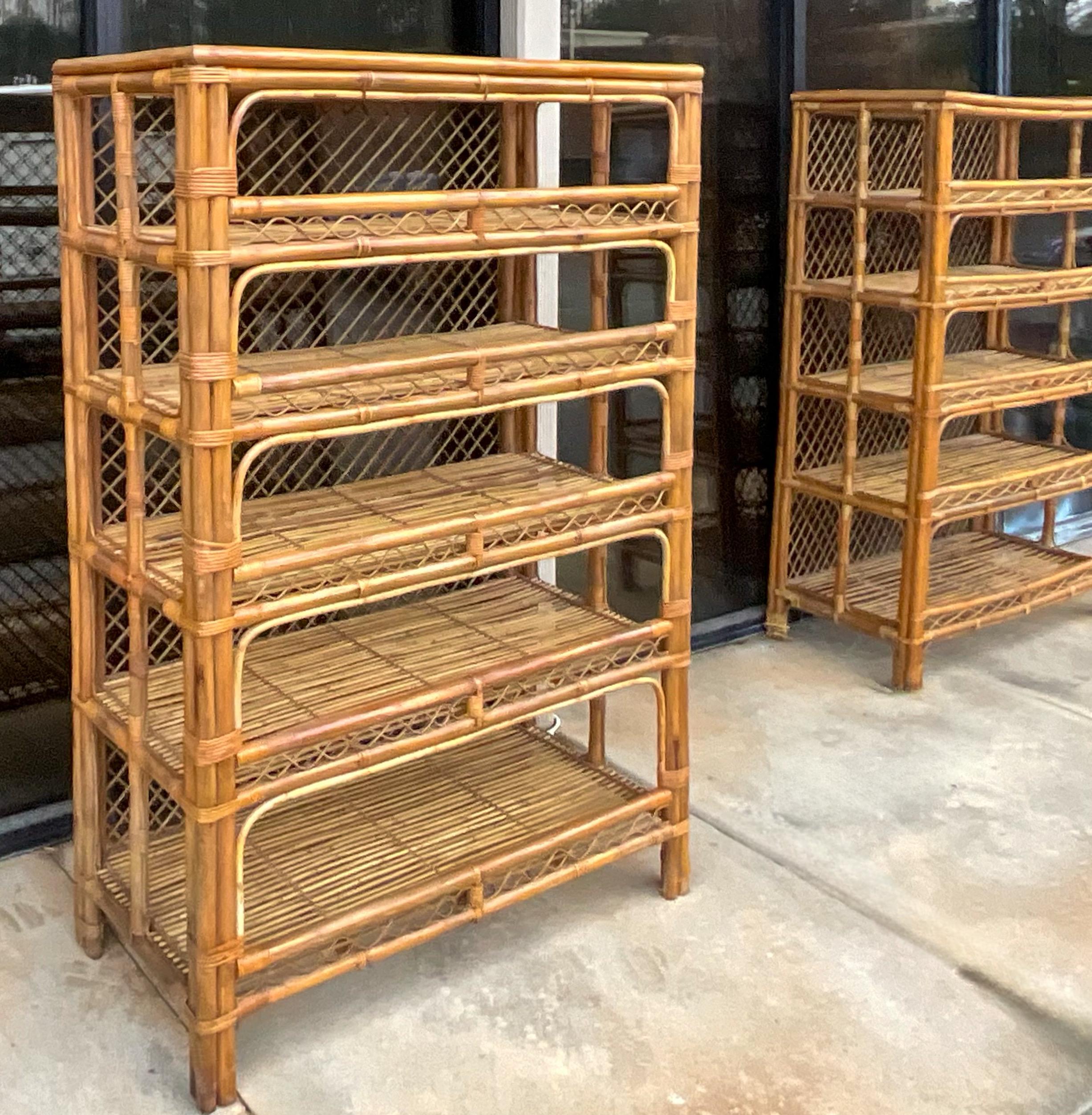 Mid-Century Organic Modern Coastal Style Bamboo Shelves / Etageres - Pair  For Sale 3