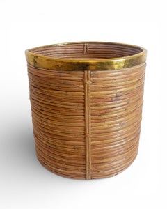Mid-Century Organic Modern Large Pencil Reed / Rattan Planter with Brass Rim