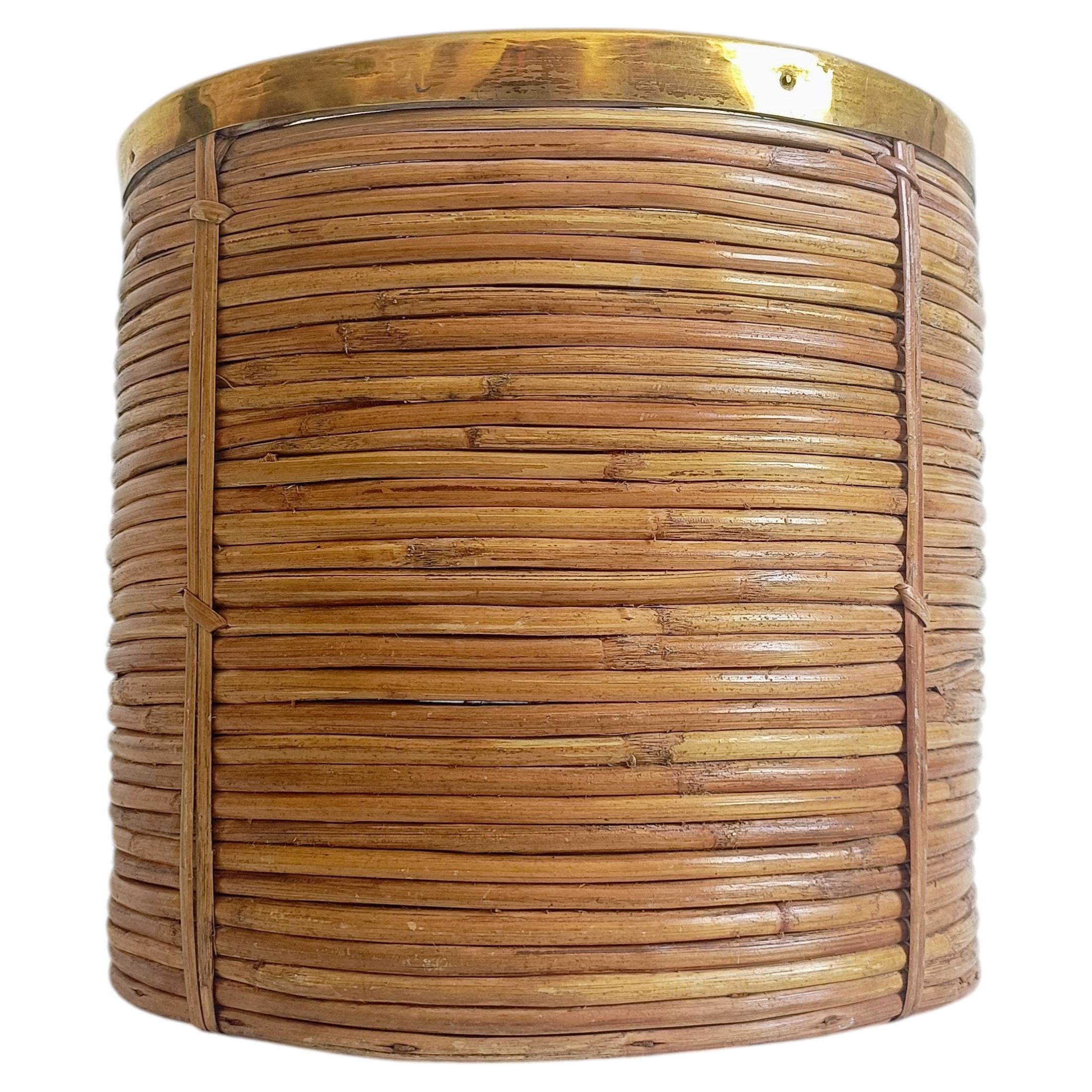 Mid-Century Organic Modern Large Pencil Reed / Rattan Planter with Brass Rim