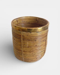 Mid-Century Organic Modern Medium Size Pencil Reed/Rattan Planter with Brass Rim