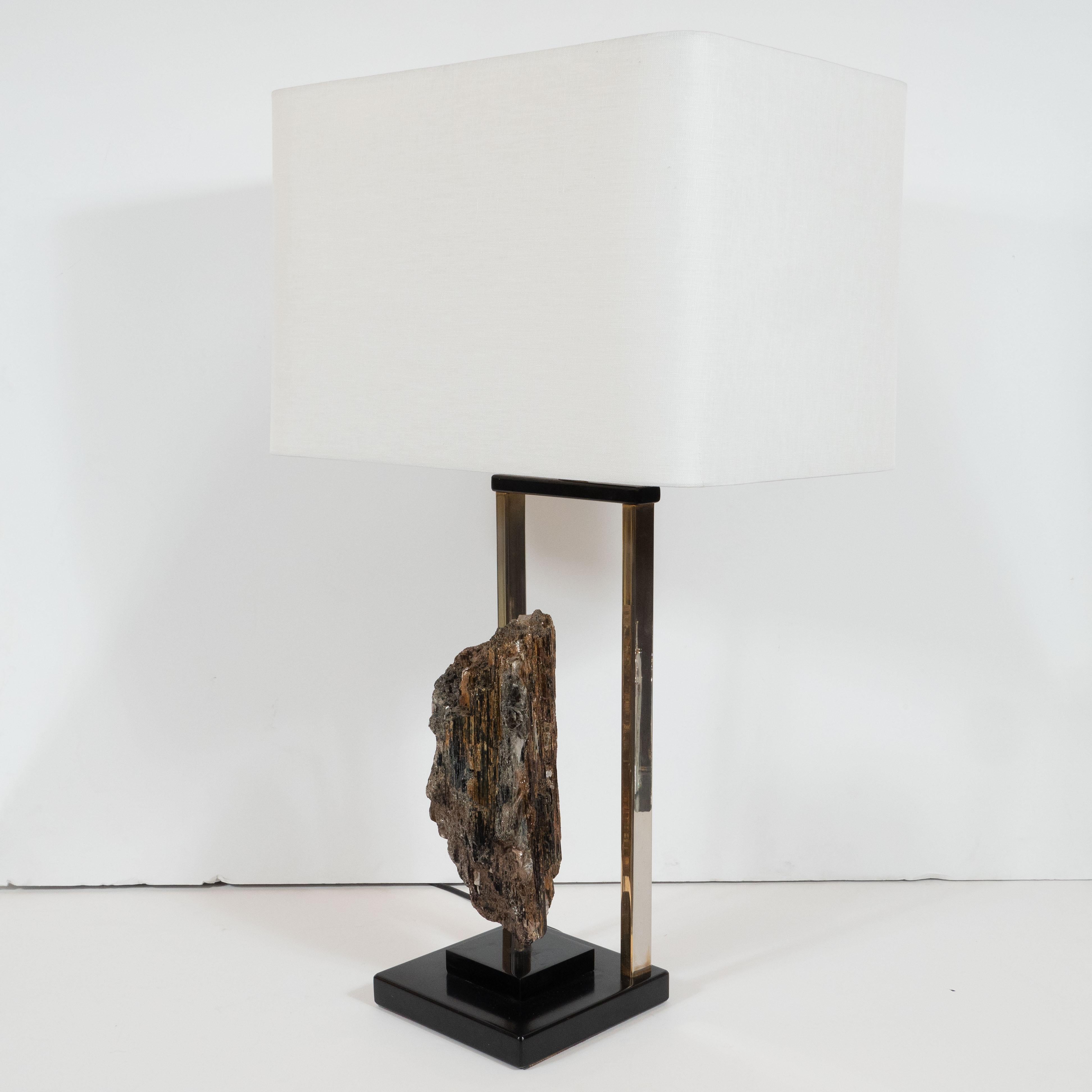 Midcentury Organic Modern Mica, Brass, Black Enamel and Resin Table Lamp For Sale 1