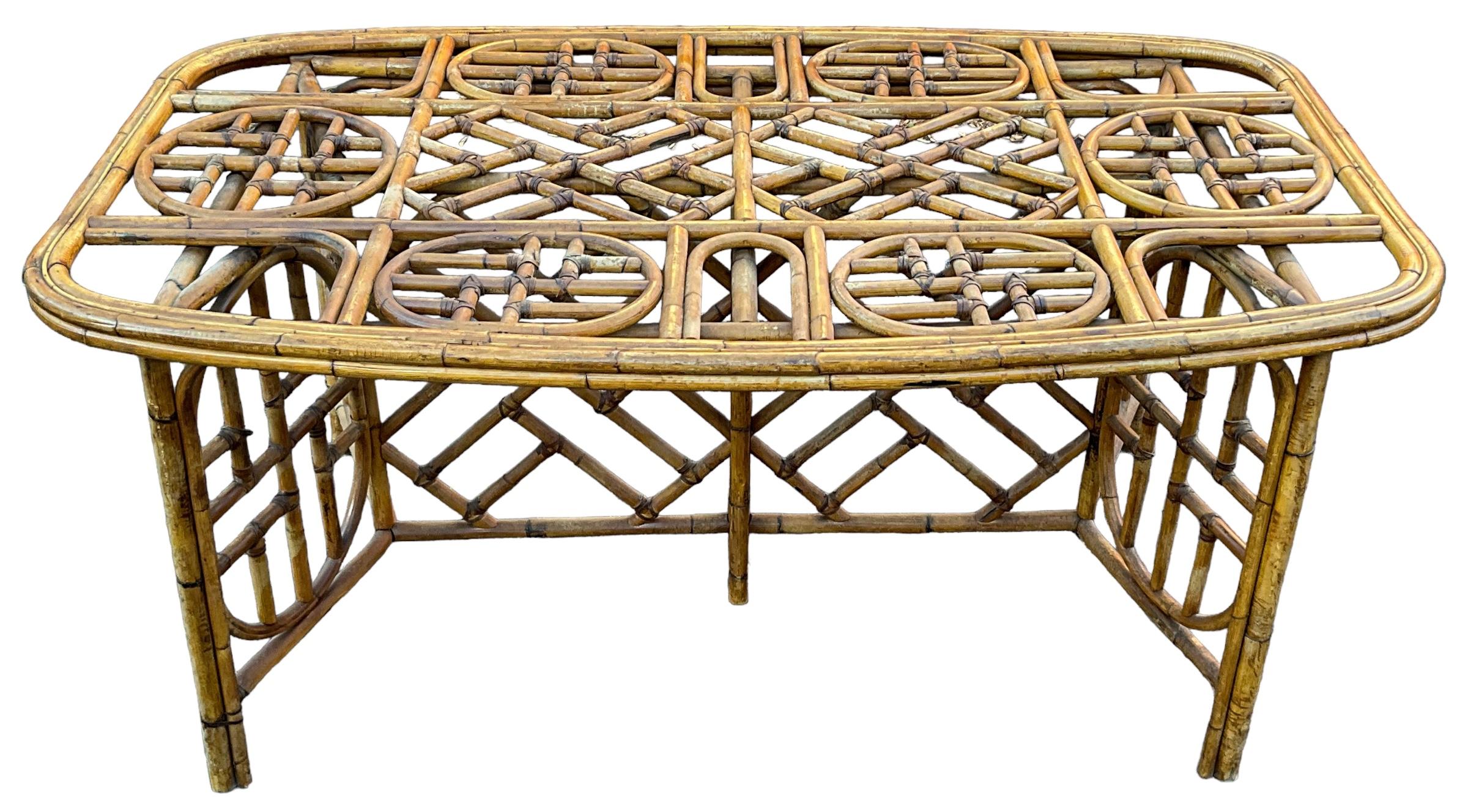 Mid-Century Organic Modern Palmbeach Chic Bamboo Glass Topped Dining Table  For Sale 1