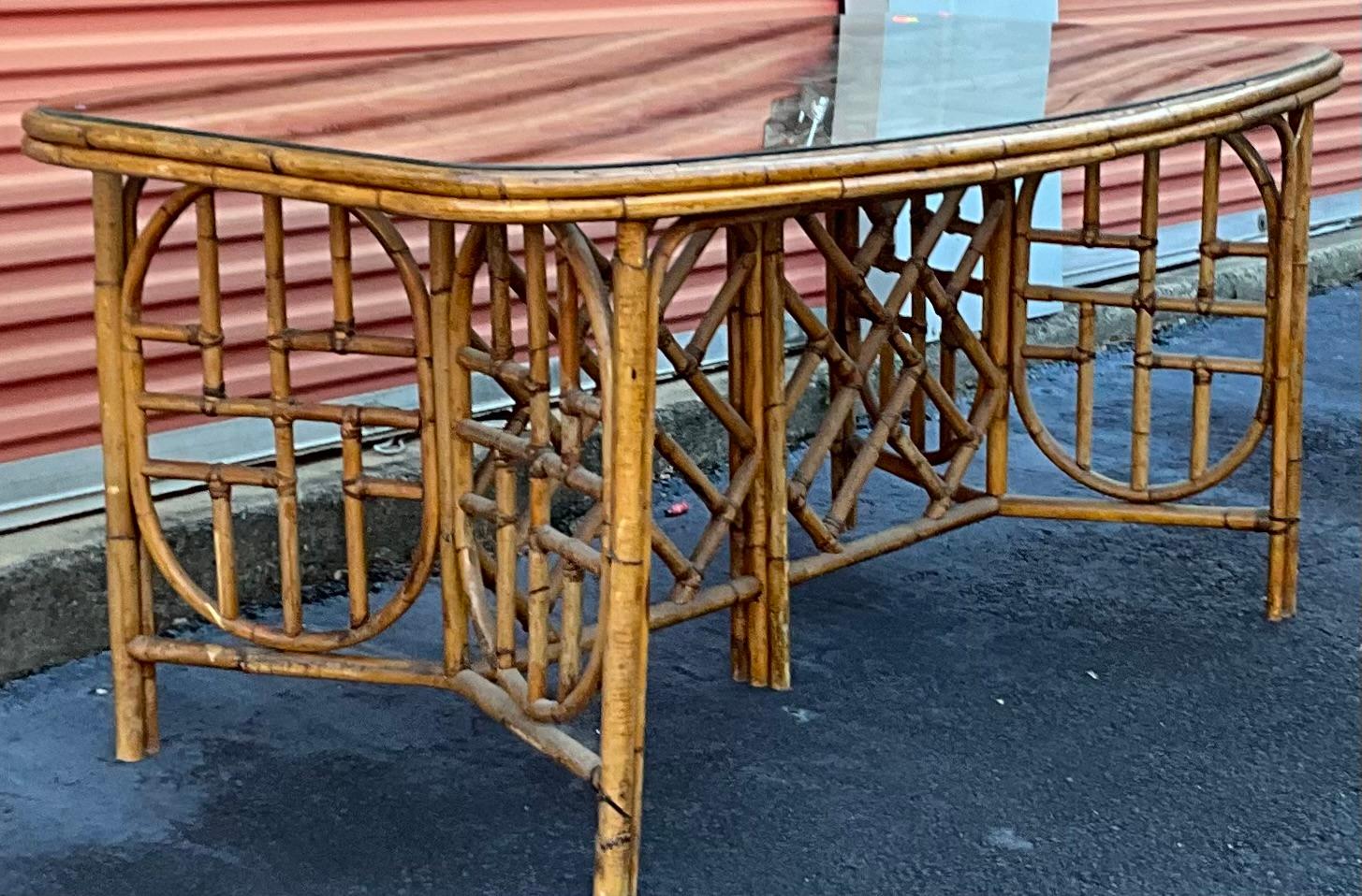 Mid-Century Organic Modern Palmbeach Chic Bamboo Glass Topped Dining Table  For Sale 3