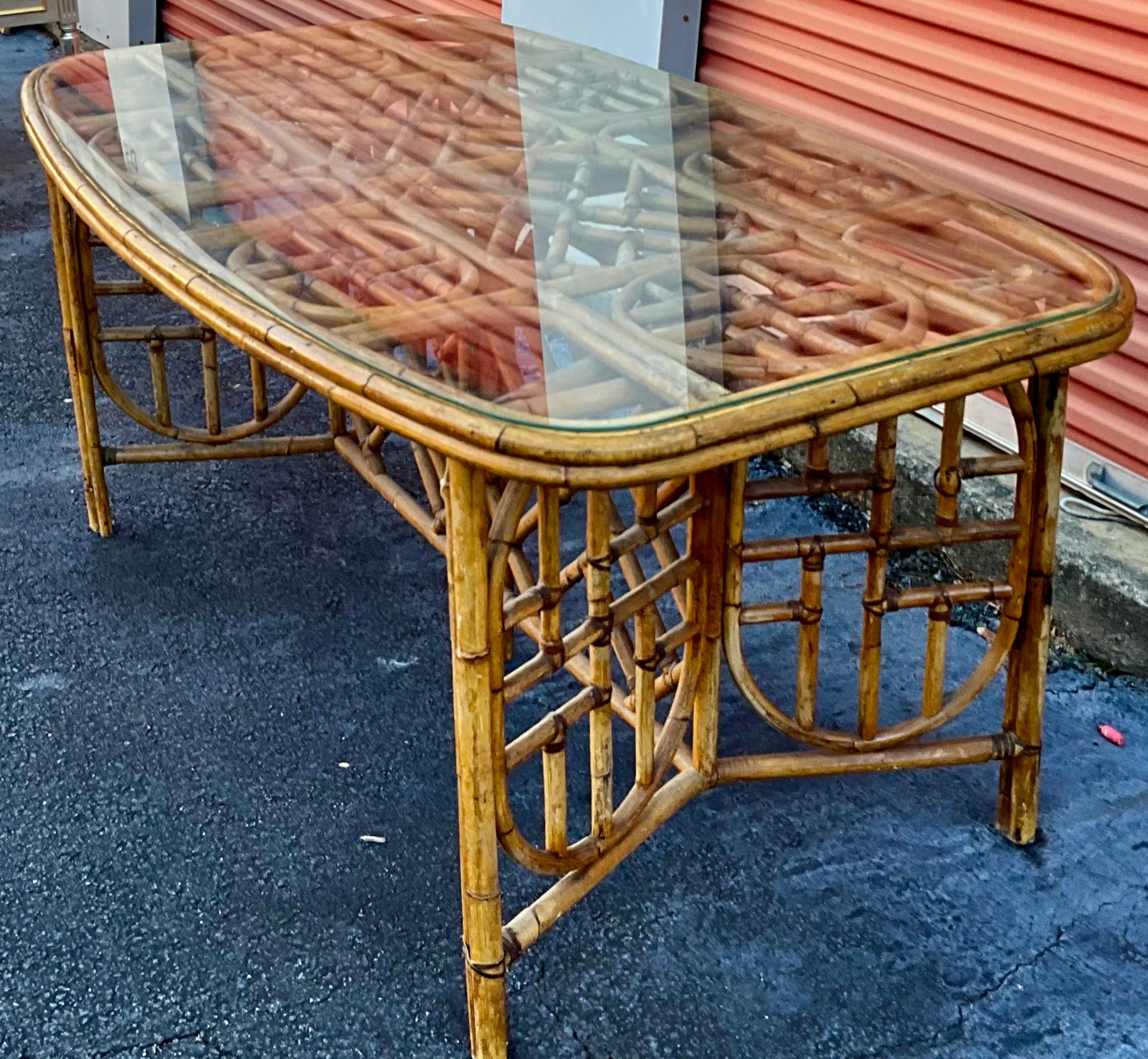 Mid-Century Organic Modern Palmbeach Chic Bamboo Glass Topped Dining Table  For Sale 4