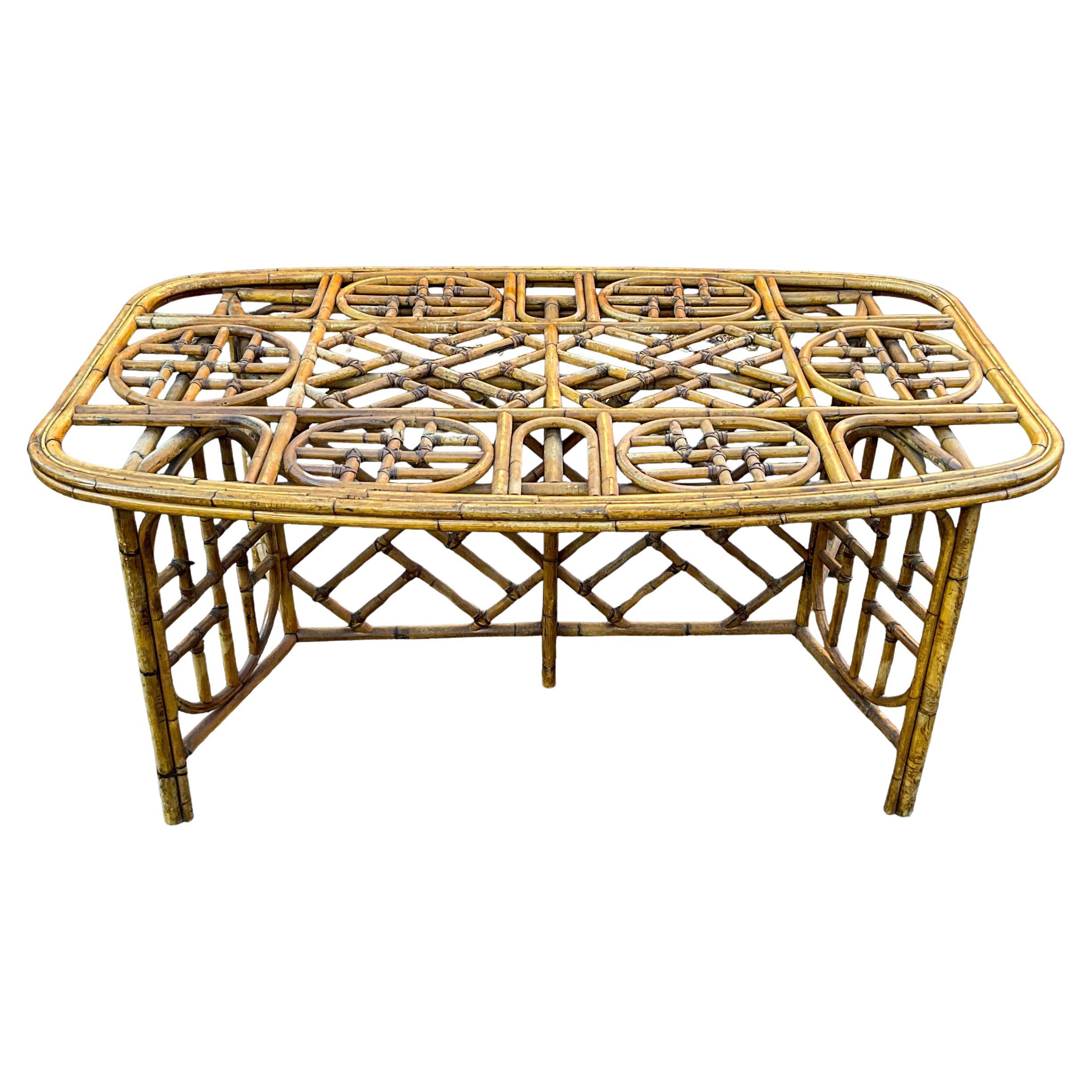 Mid-Century Organic Modern Palmbeach Chic Bamboo Glass Topped Dining Table 