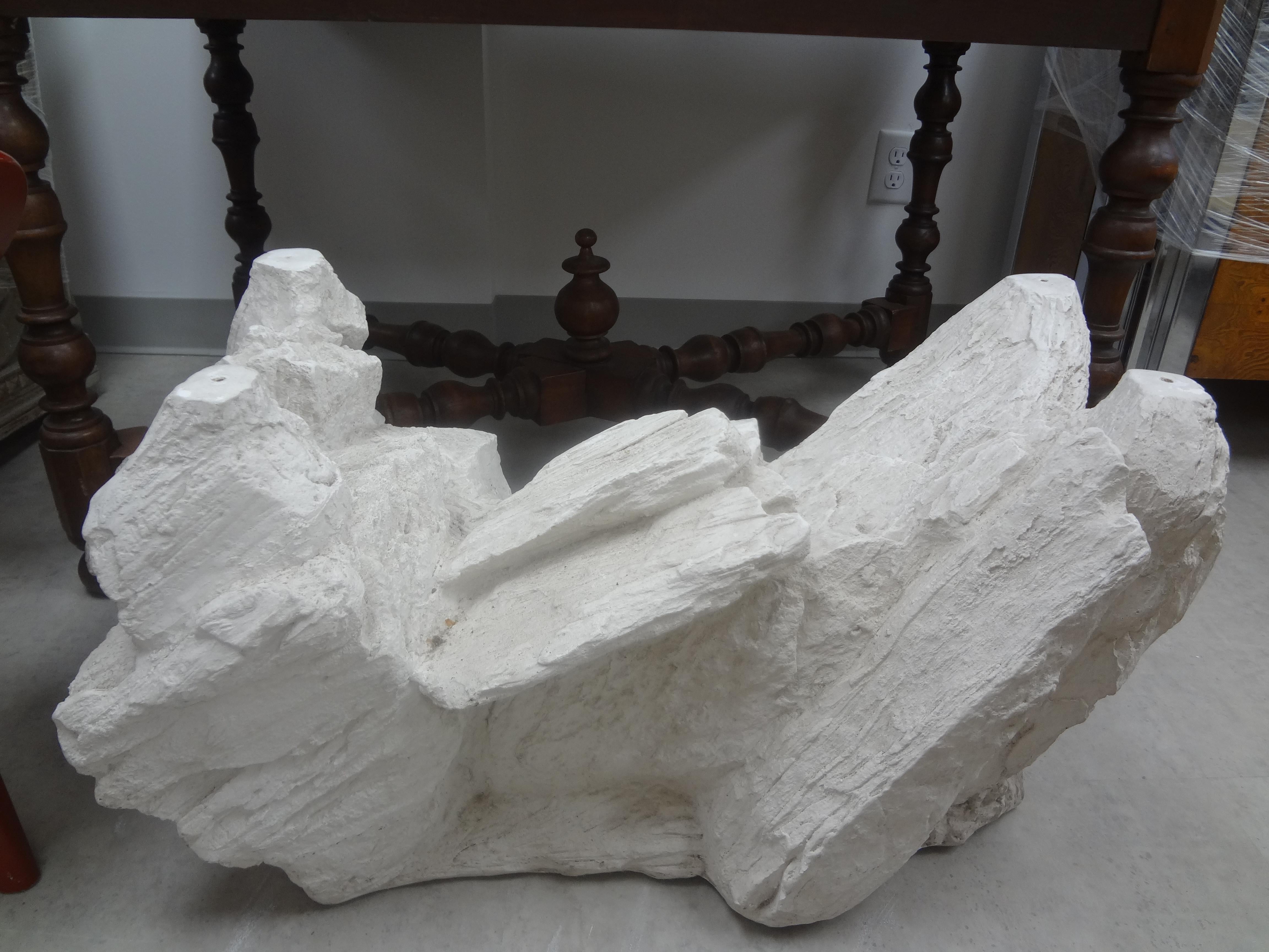 Midcentury organic modern plaster faux rock table base attributed to Sirmos.
Fantastic midcentury organic Modern plaster faux rock quarry table base. This beautiful substantial plaster faux rock formation table base is ready for your choice of a