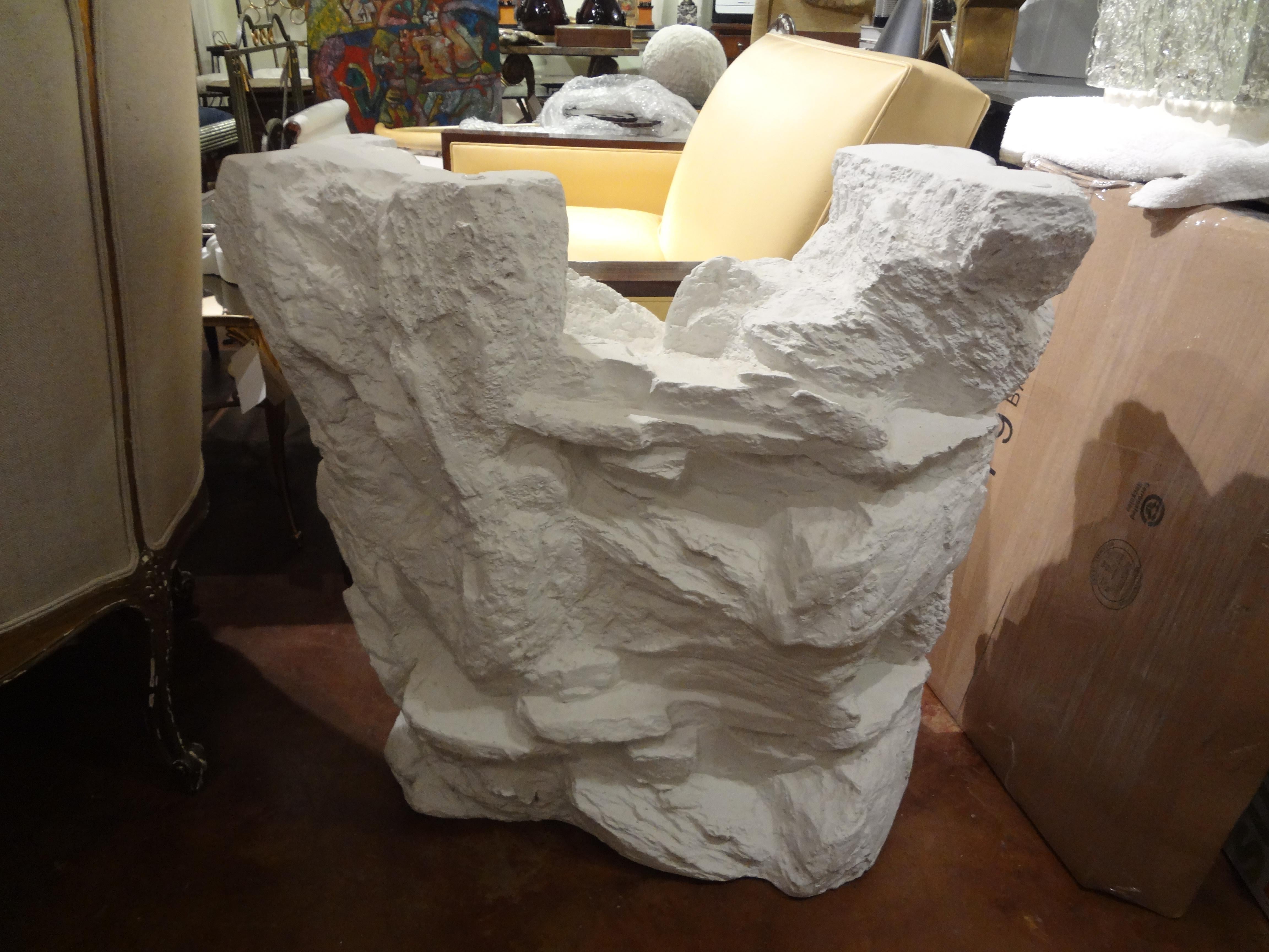 Fantastic midcentury organic modern plaster faux rock quarry table base. This beautiful substantial plaster faux rock table base can be a dining table base, console table base or sofa table base. Ready for your choice of a custom glass top depending