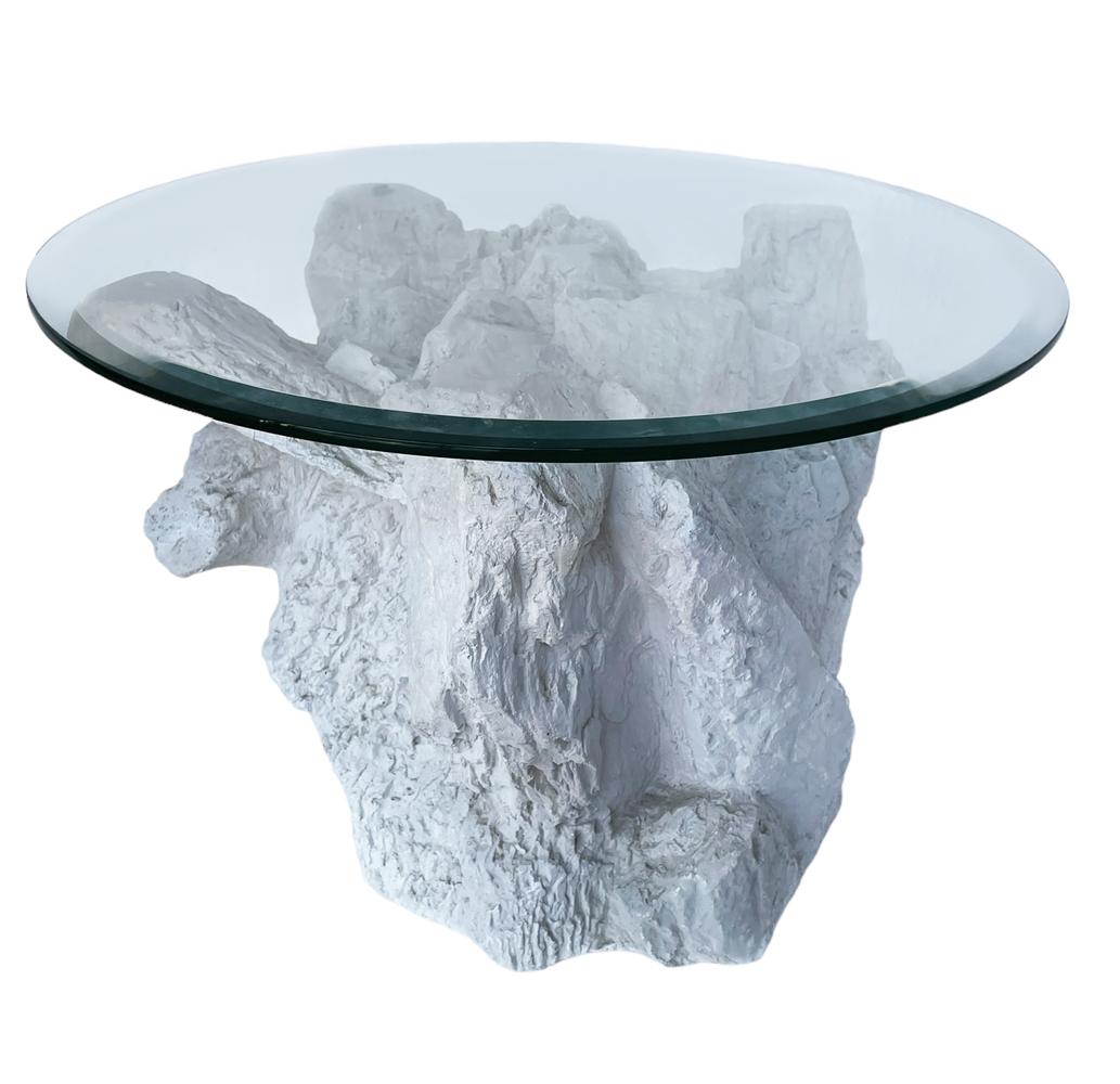 Mid-Century Organic Modern Plaster Rock and Glass Round Side Table by Sirmos In Good Condition For Sale In Philadelphia, PA