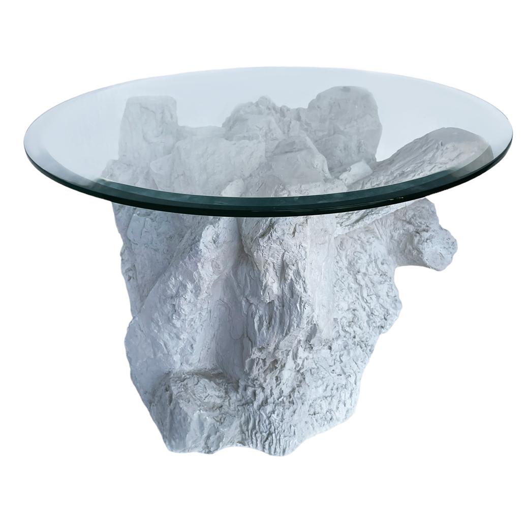 Late 20th Century Mid-Century Organic Modern Plaster Rock and Glass Round Side Table by Sirmos For Sale