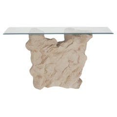 Mid-Century Organic Modern Plaster Rock & Glass Console Table After Sirmos