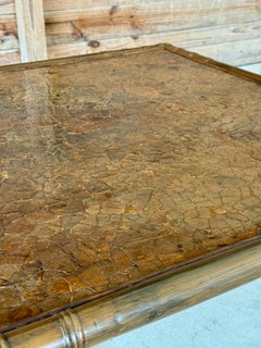 Mid-Century Organic Modern Rattan Fretwork Coffee Table Mosaic Wood Inlay Top