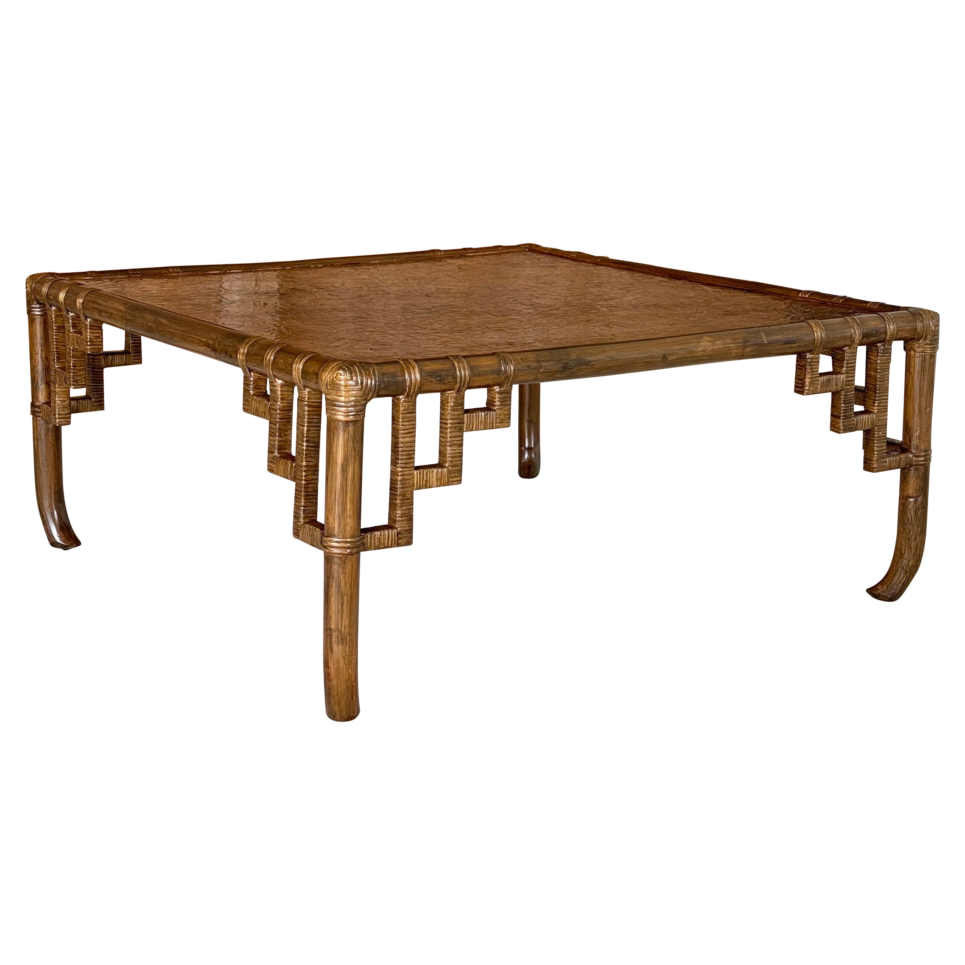 Mid-Century Organic Modern Rattan Fretwork Coffee Table Mosaic Wood Inlay Top in vendita