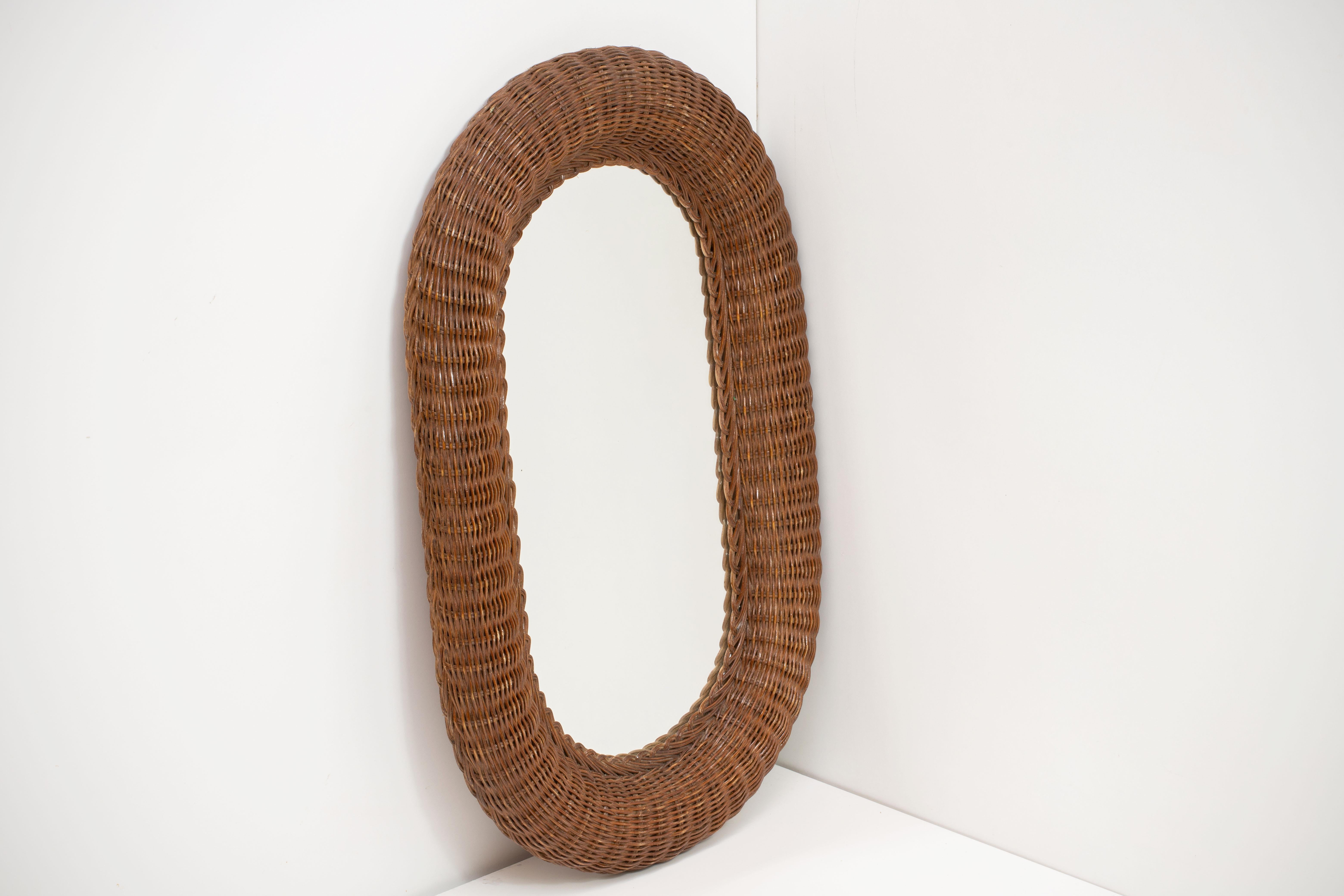 French Mid-Century Organic Modern Rattan Mirror Glass 1960s For Sale