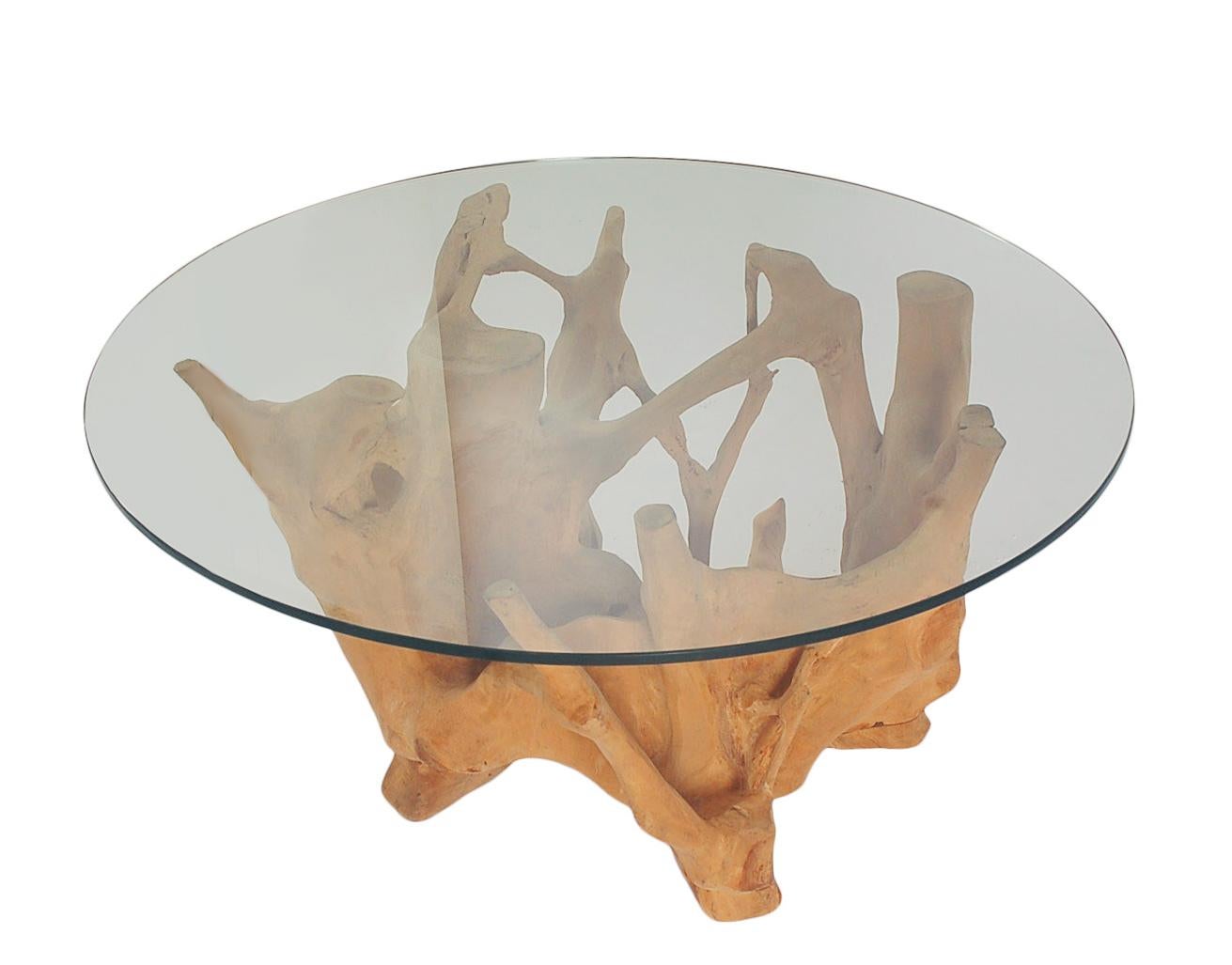 A sculptural organic teak root coffee table circa 1970's. It features a light colored wood teak base with a thick clear glass top.