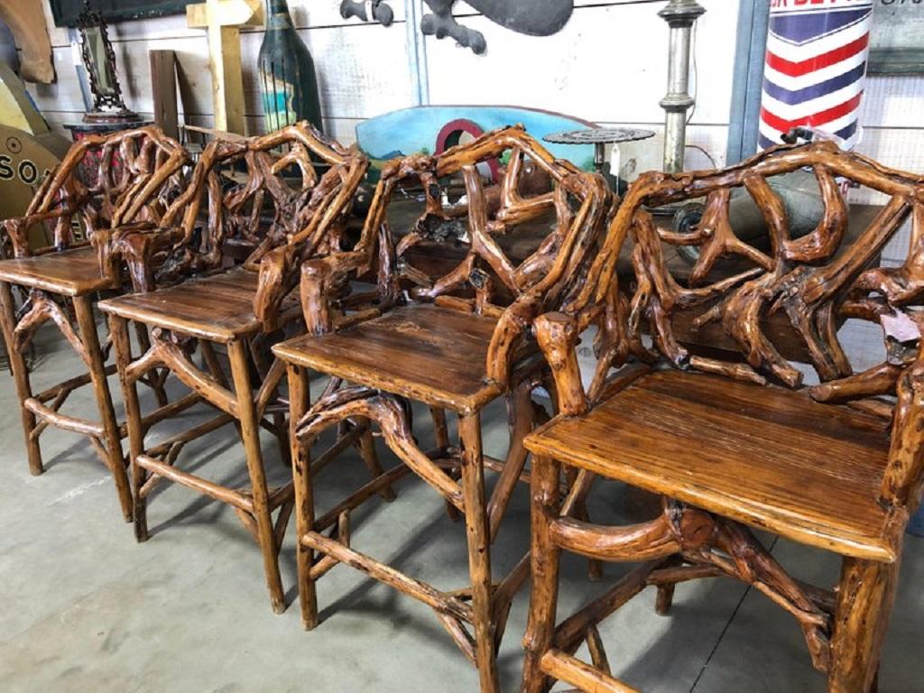 Mid-century organic modern wood bar stools, set of 4.
