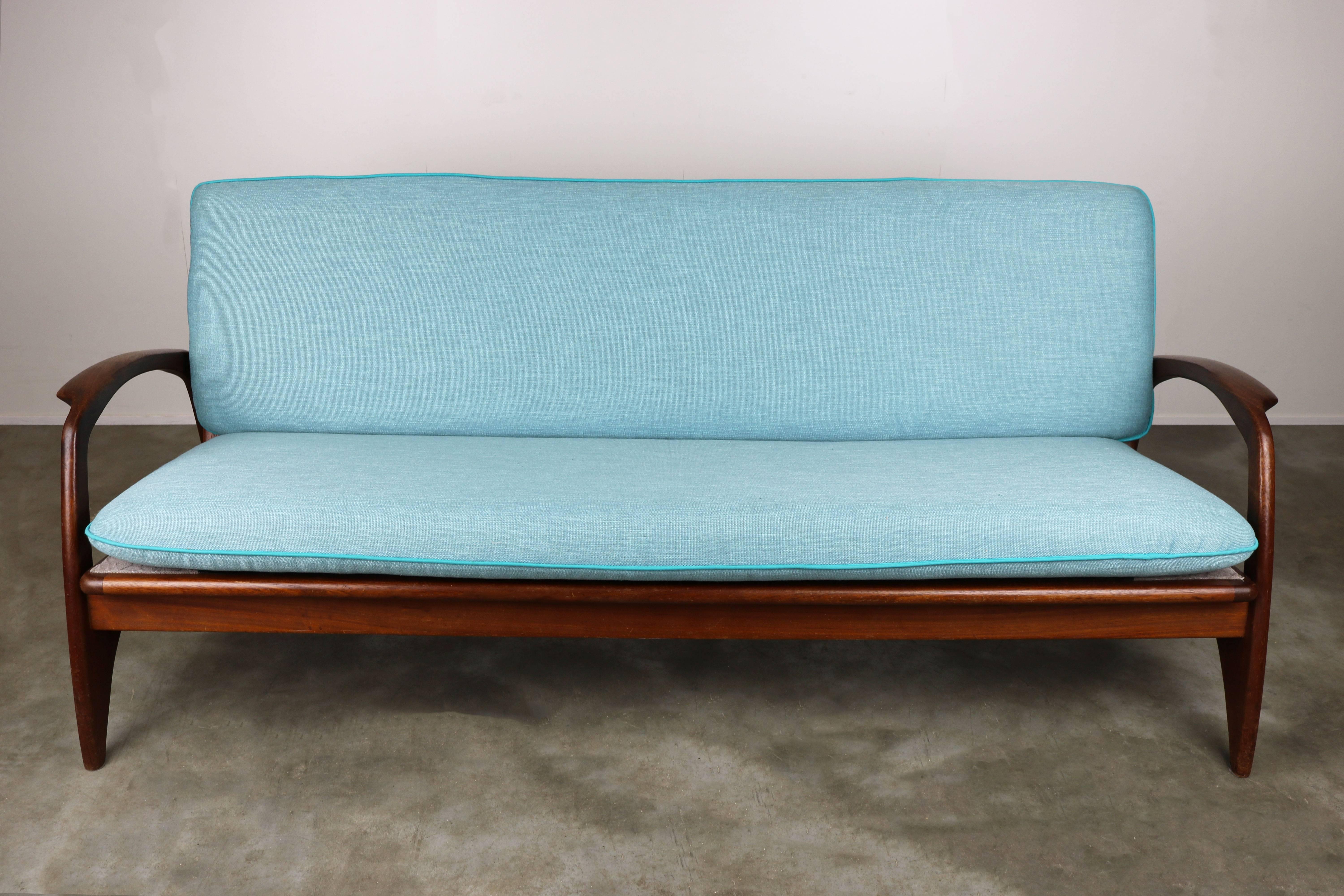 Fabric Midcentury Organic Sculpted Teak Sofa by De Ster Gelderland 1960 Dutch Blue