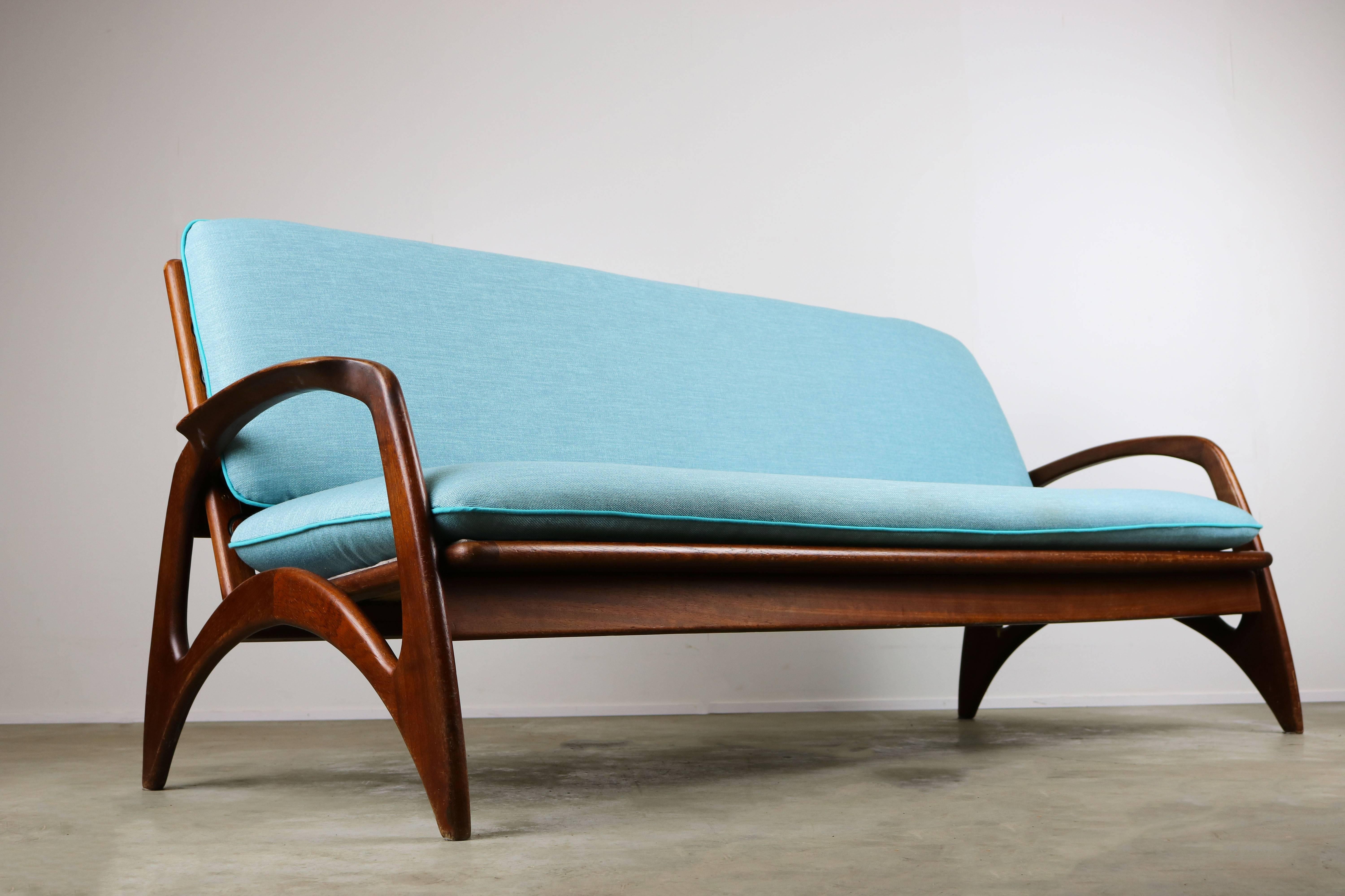 Midcentury Organic Sculpted Teak Sofa by De Ster Gelderland 1960 Dutch Blue 2