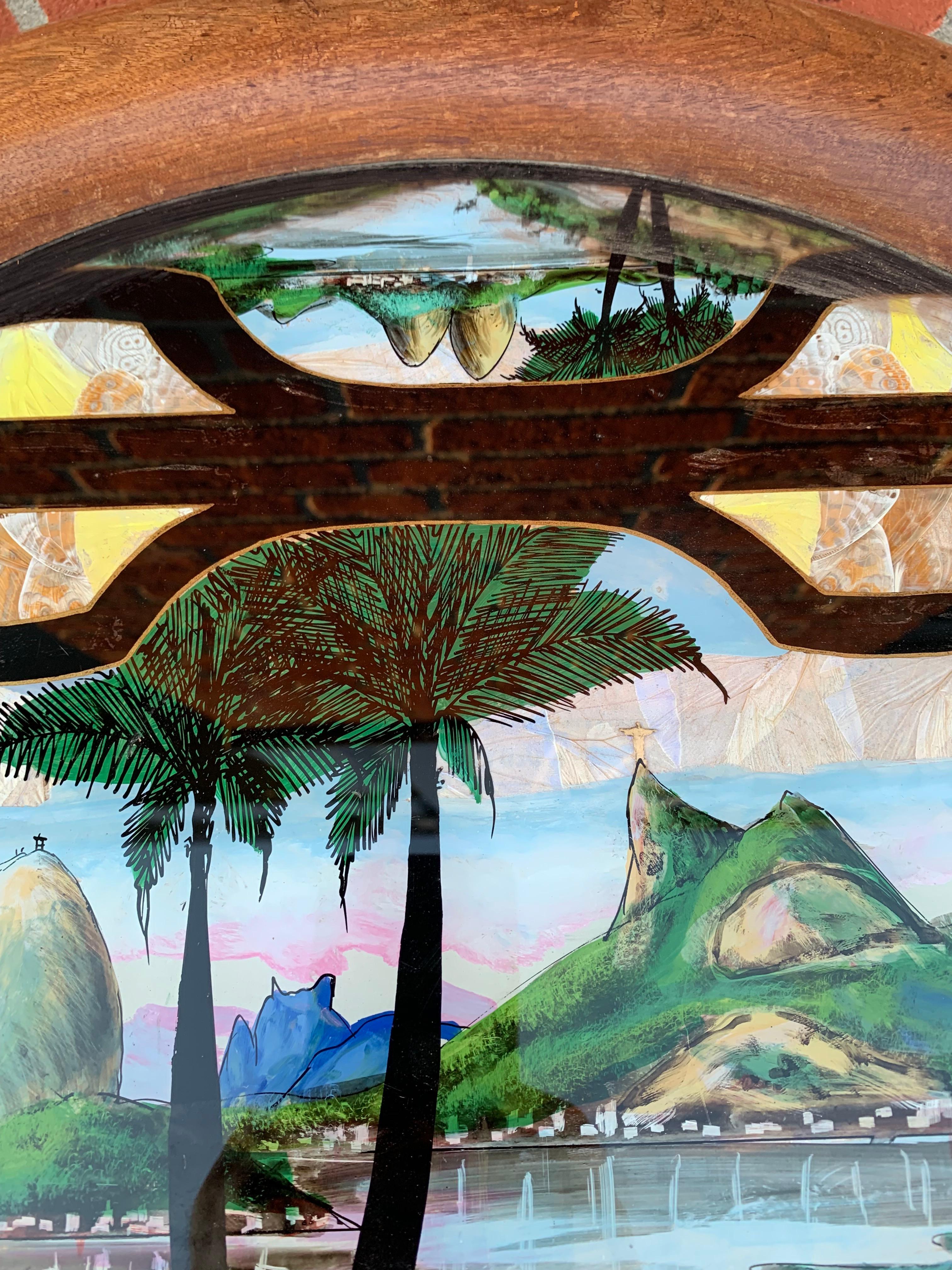 Glass Midcentury Organic Wooden Table w Tree Knots Pattern & Rio de Janeiro Landmark