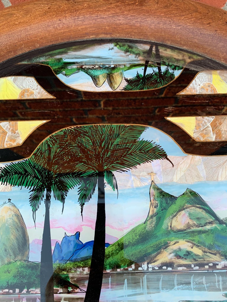 Glass Midcentury Organic Wooden Table w Tree Knots Pattern & Rio de Janeiro Landmark For Sale