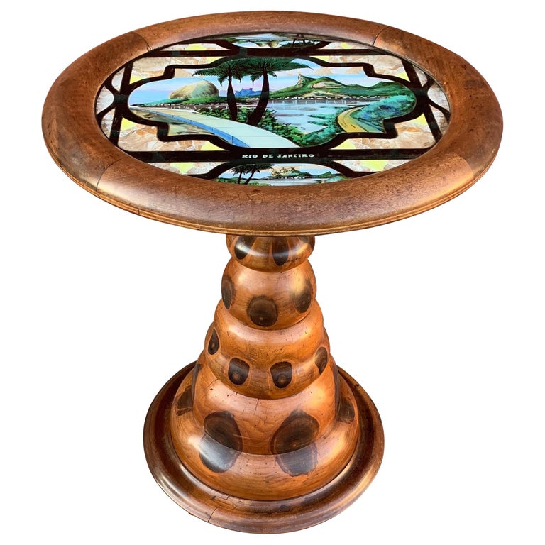 Midcentury Organic Wooden Table w Tree Knots Pattern & Rio de Janeiro Landmark For Sale
