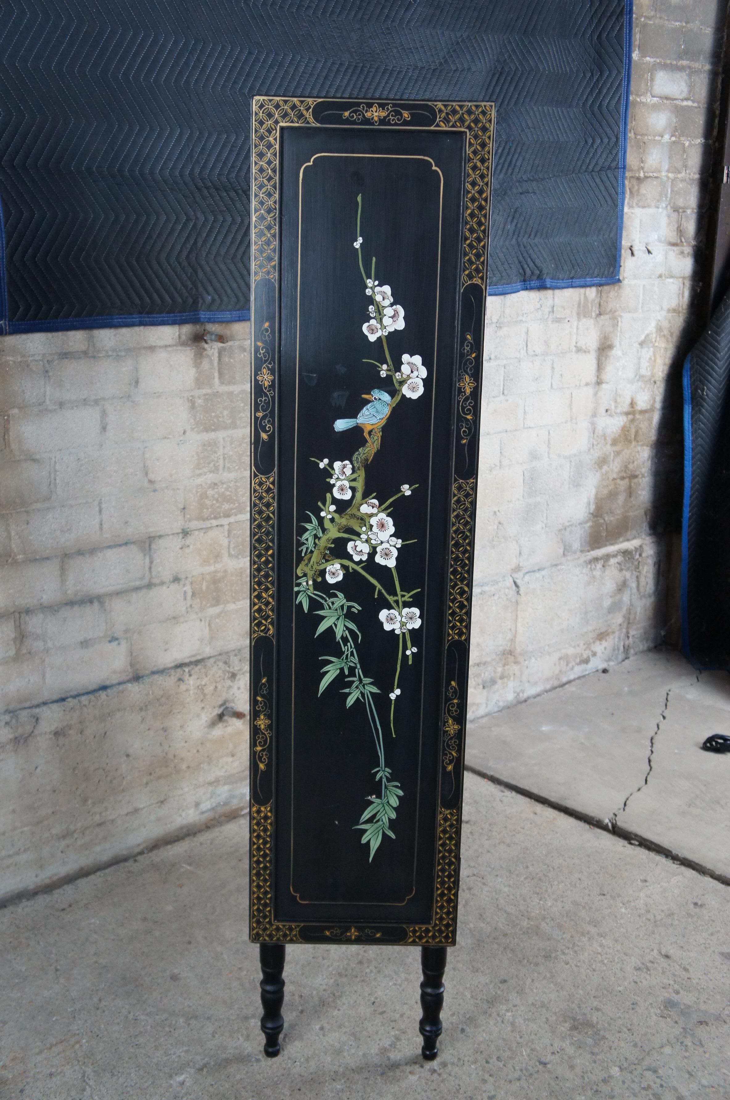 Mid Century Oriental Chinoiserie Black Lacquor Peacock Curio Display Cabinet 2